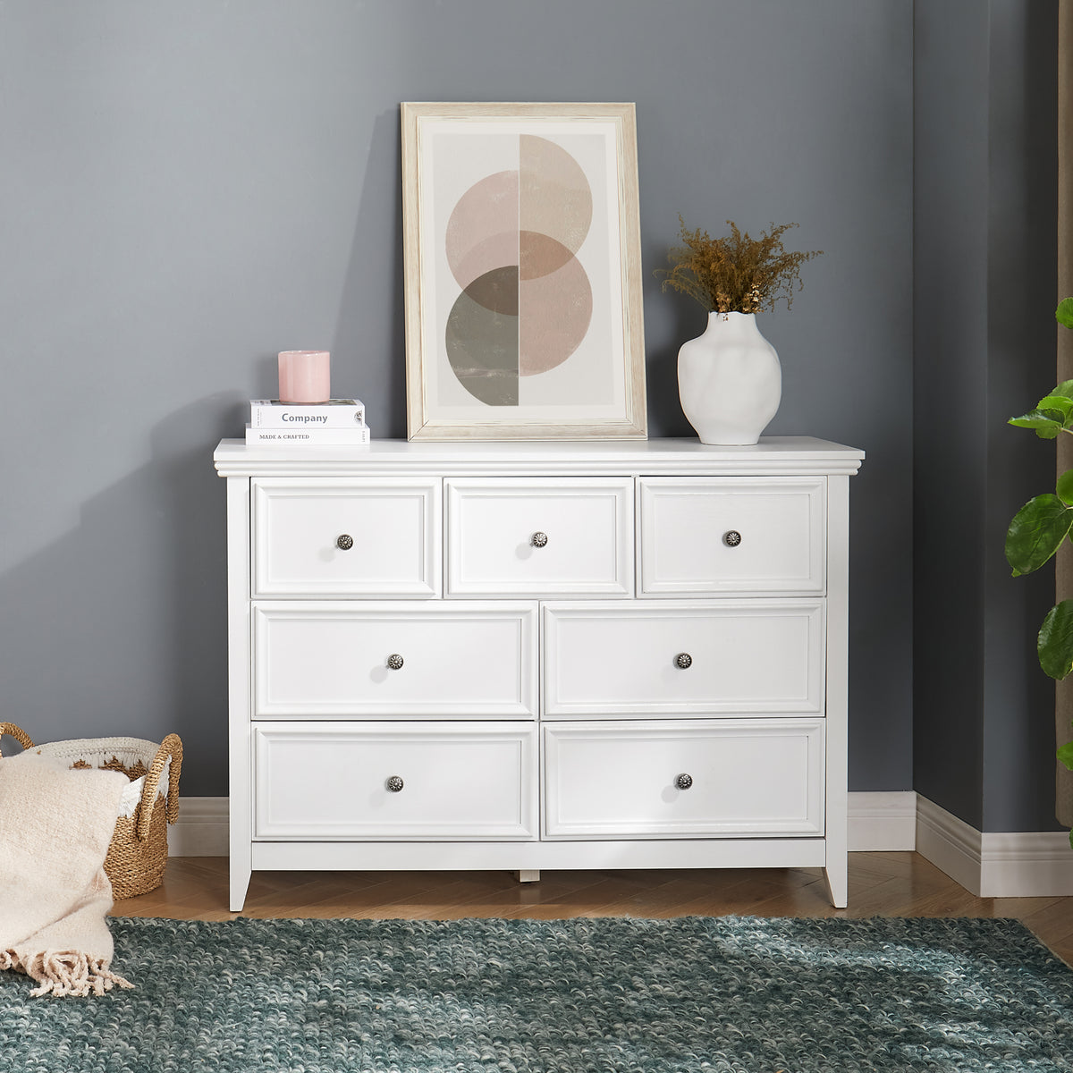 50" White Modern 7 Drawers Dresser Cabinet