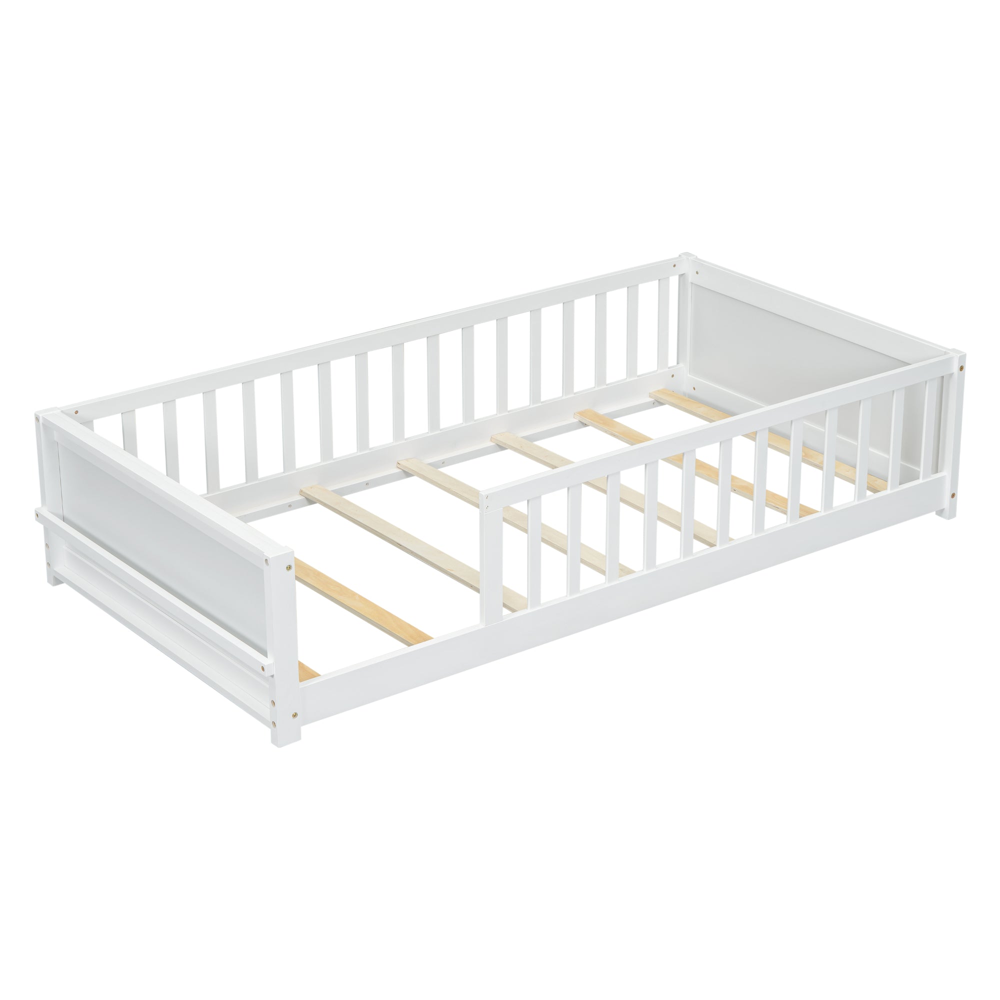 White Twin Toddler Floor Platform Bed with Built-in Book Storage Rack