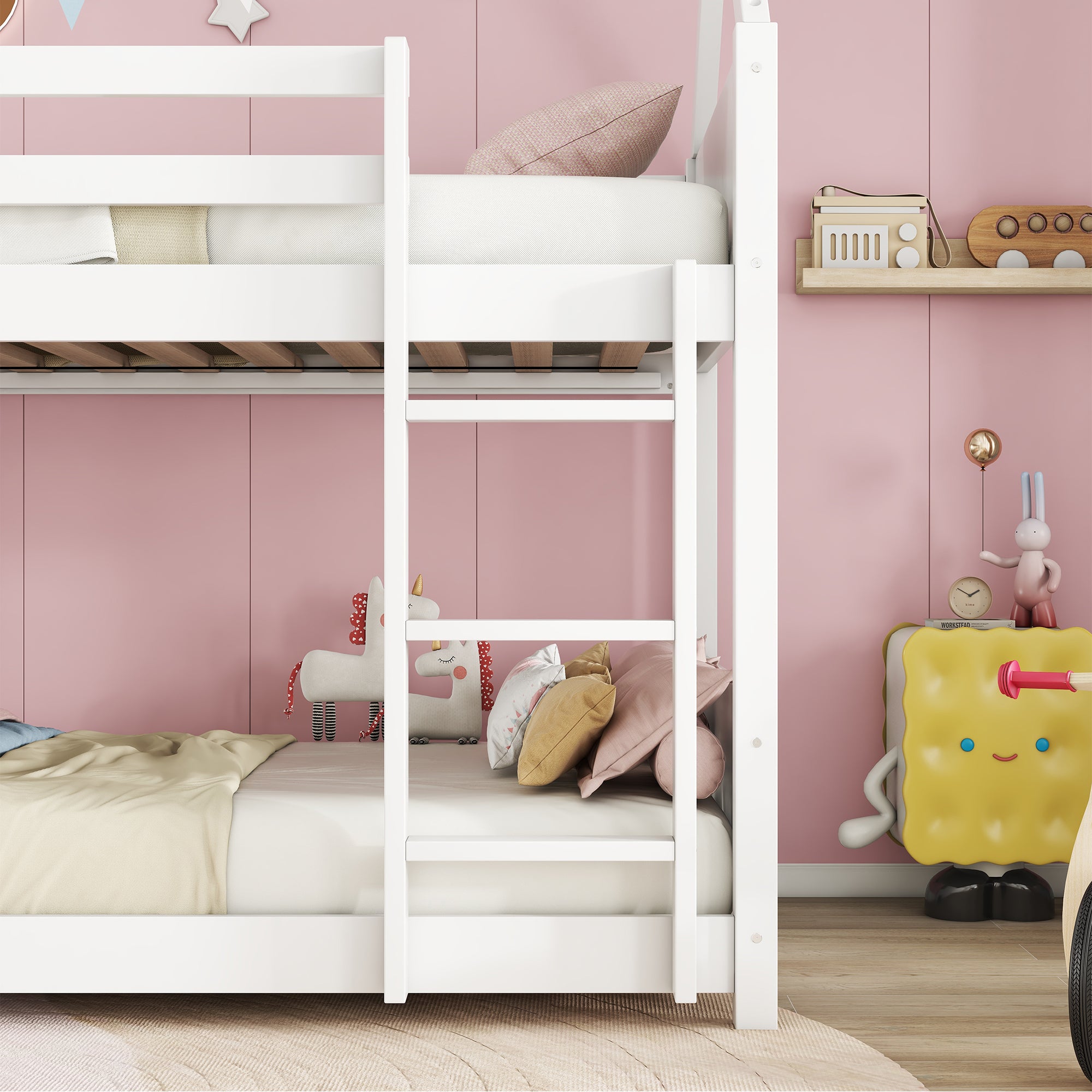 Twin Over Twin House Floor Bunk Bed with Guardrails and Ladder