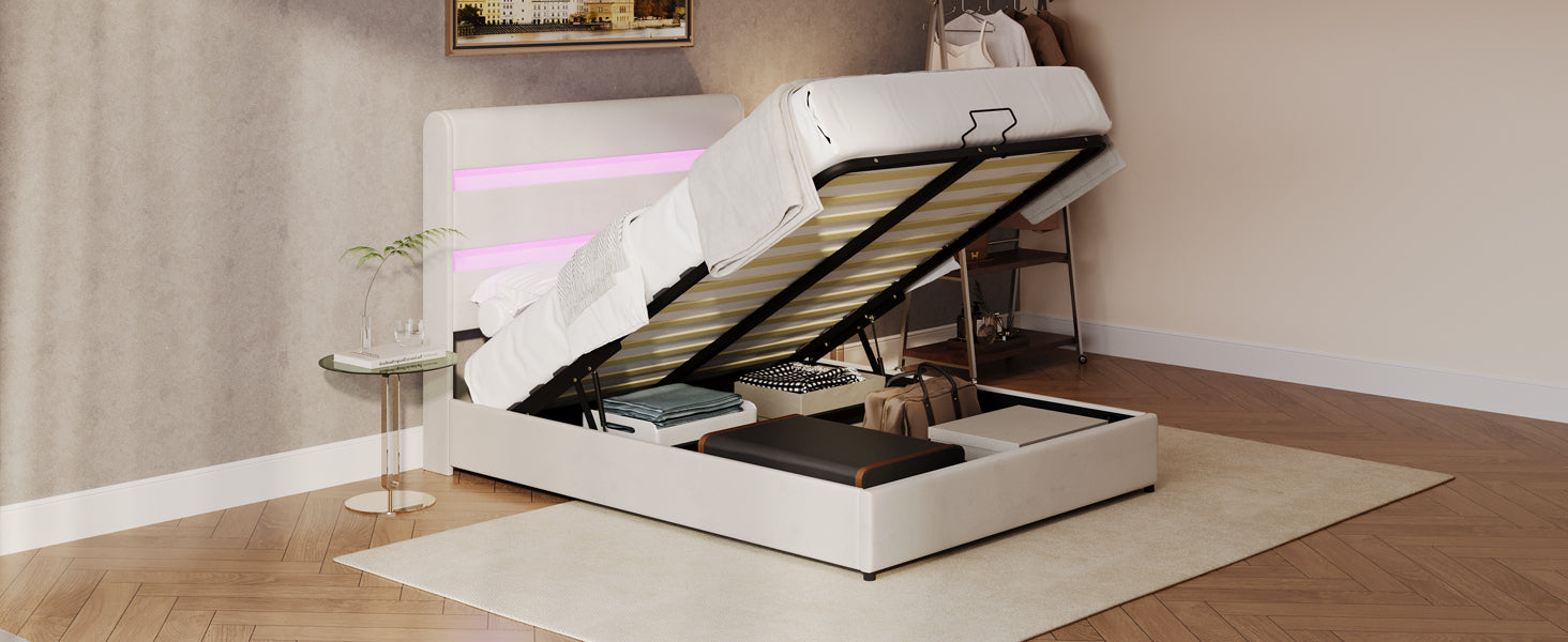 Full Hydraulic Storage Bed with LED Lighting & Beige Velvet Upholstery