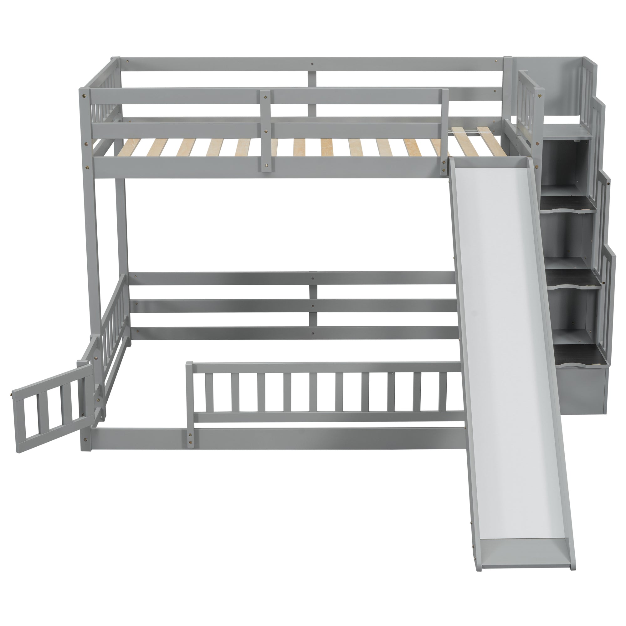 Twin Over Full Bunk Bed with Slide and Storage Staircase