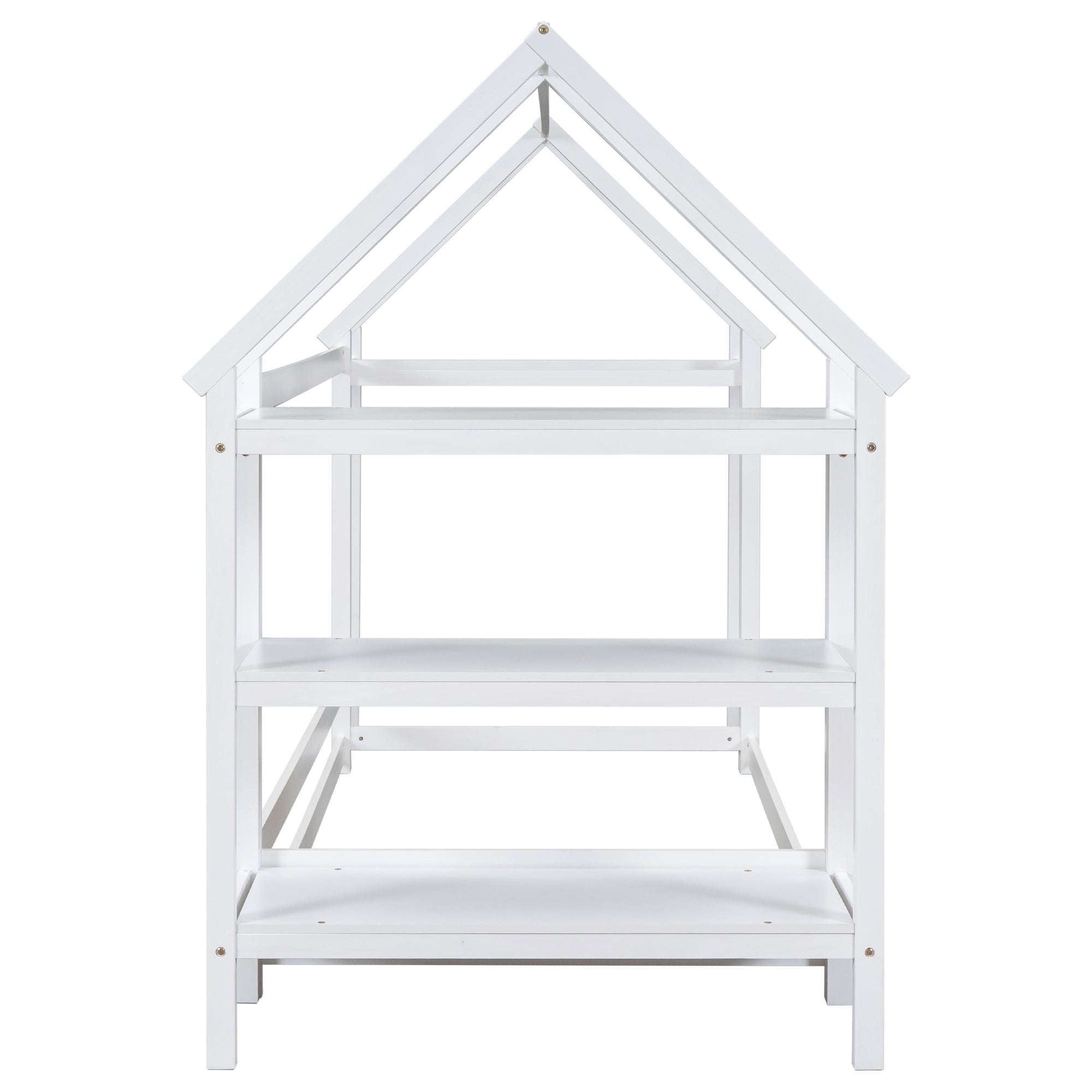 Twin Size Wood House-Shaped Floor Bed with Storage Shelf and Hanger in White