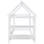 Twin Size Wood House-Shaped Floor Bed with Storage Shelf and Hanger in White