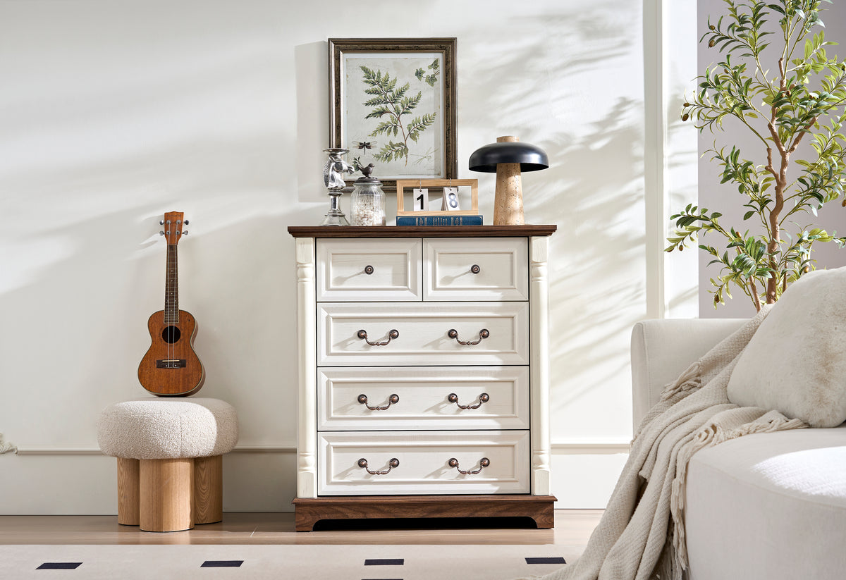 Farmhouse Style 5 Drawer Wooden Dresser Chest with Base Durable Storage Organizer In Walnut