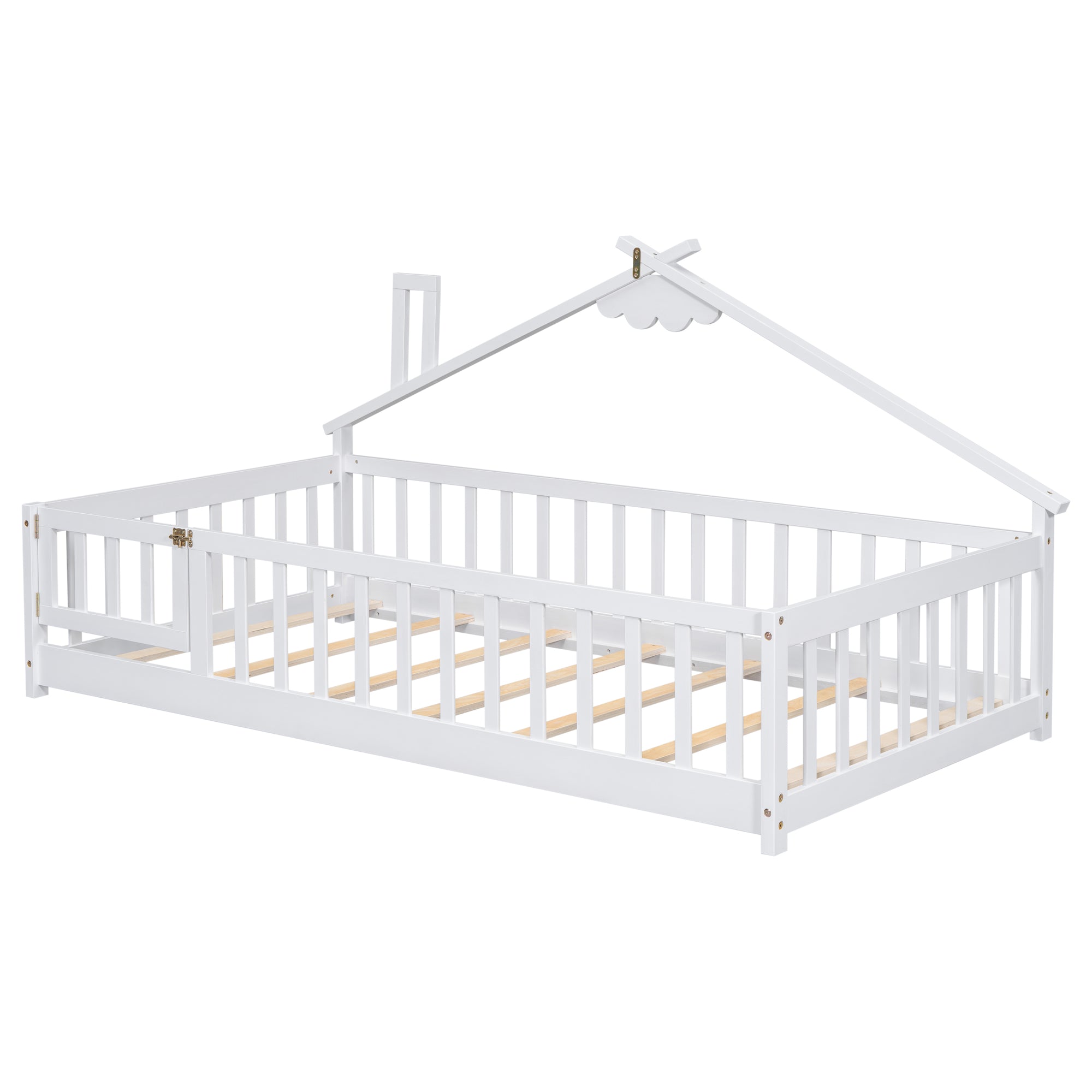 Twin House-Shaped Bedside Toddler Floor Bed with Guardrails, Slats & Door