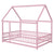 Pink Full-Size Toddler Floor Wooden Bed with House Roof Frame & Fence Guardrails