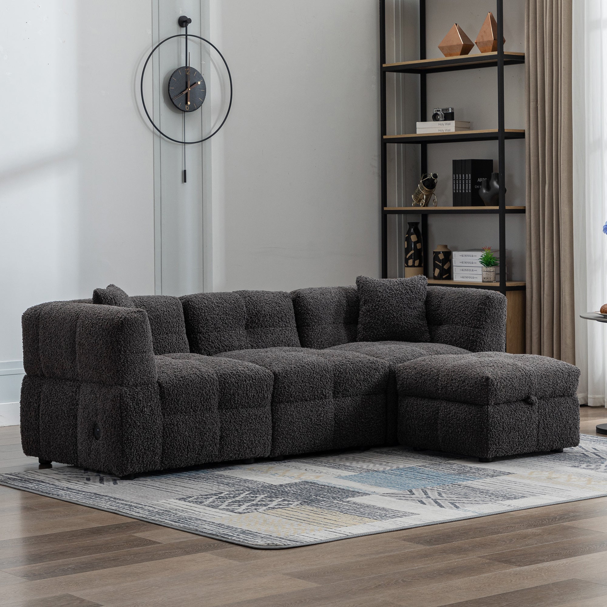 Gray Teddy Fleece Sectional Sofa with Multi-Functional Storage Ottoman