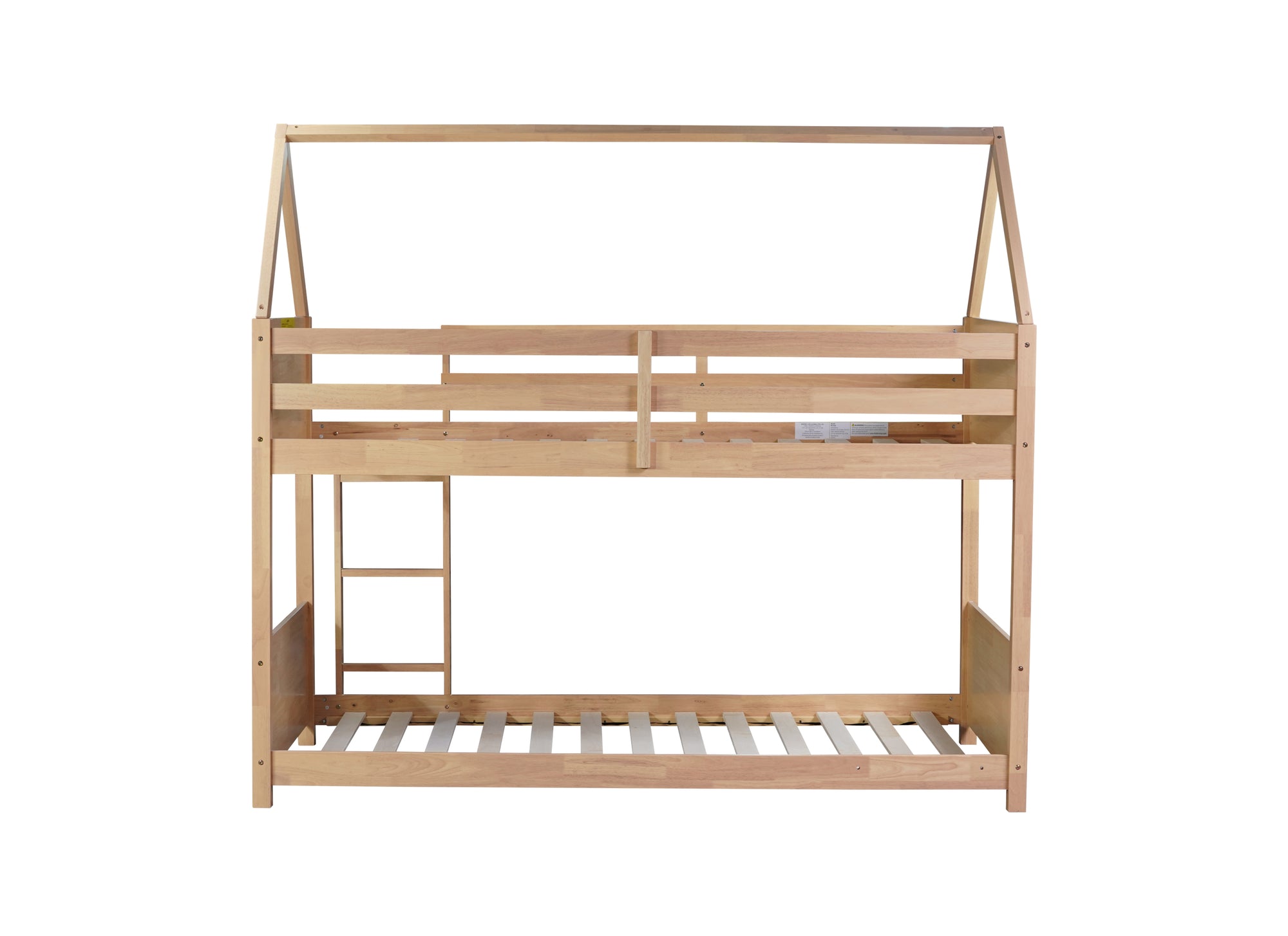 White Oak Twin Over Twin House Floor Bunk Bed with Headboards, Footboards, Guardrails, and Ladder