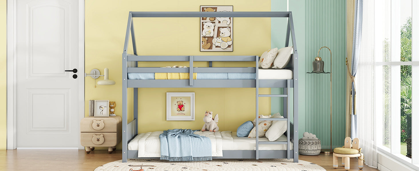 Light Gray Twin Over Twin House Floor Bunk Bed