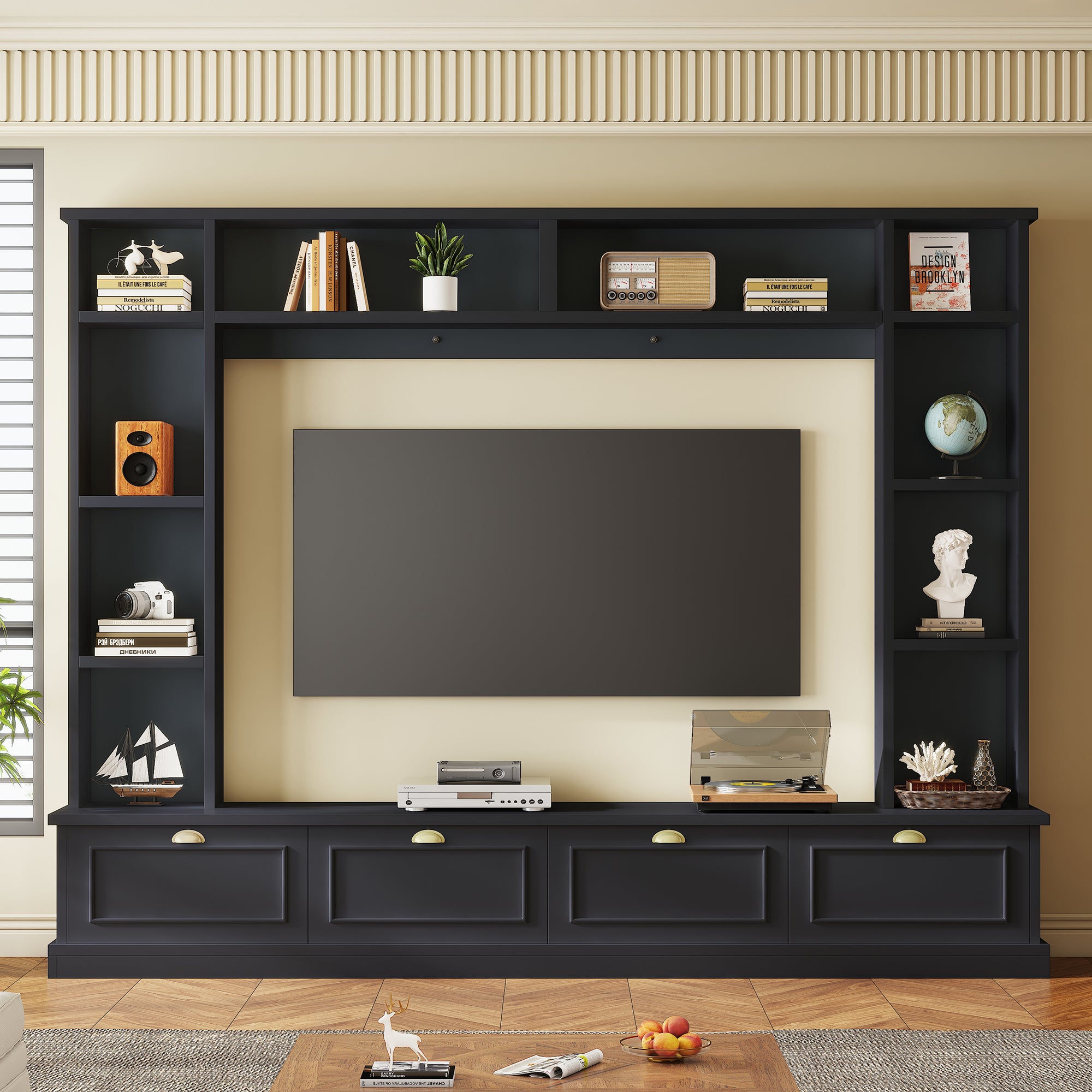 Large Wall Unit Entertainment Center for TVs Up to 78 Inch Modern TV Console with Shelves and Cabinets In Black