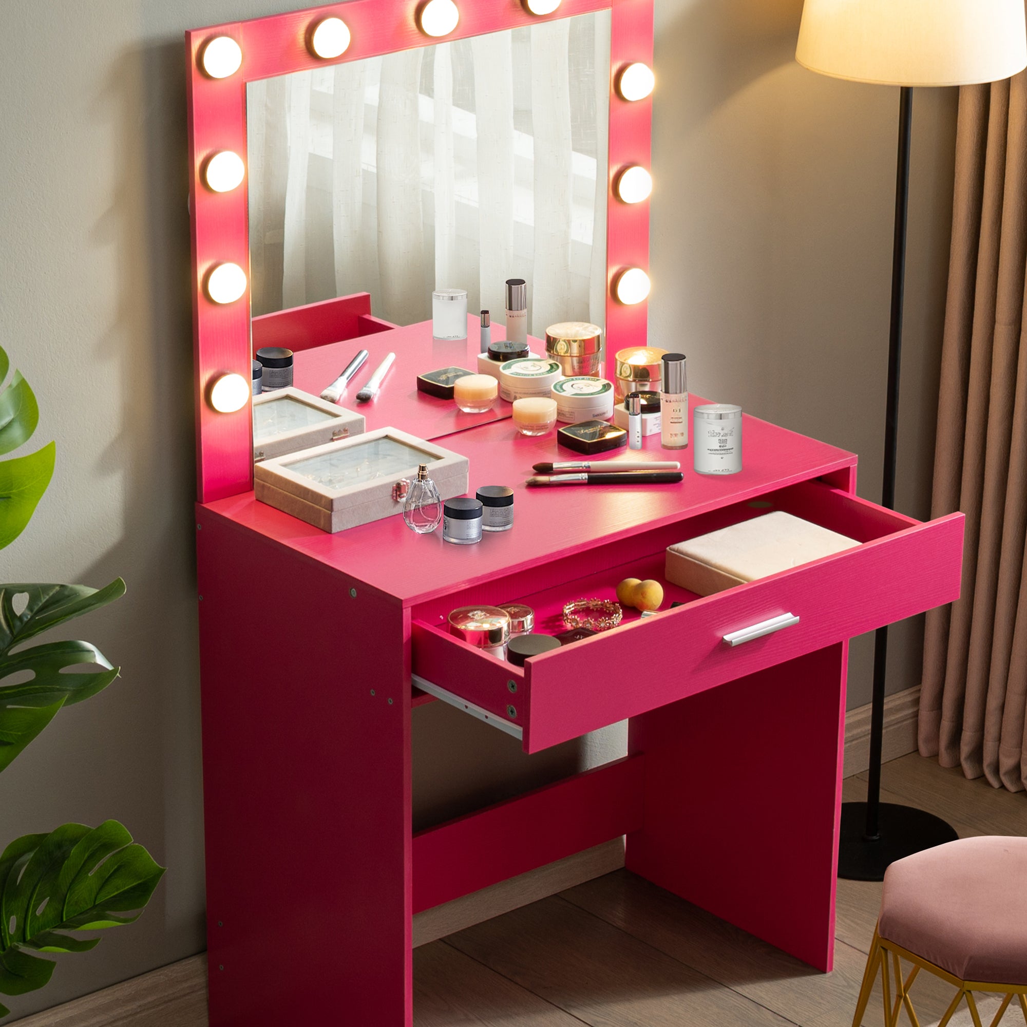 Vanity Desk with Mirror and Lights, Large Drawer and 3 Adjustable Brightness Modes, Perfect for Bedroom In Pink