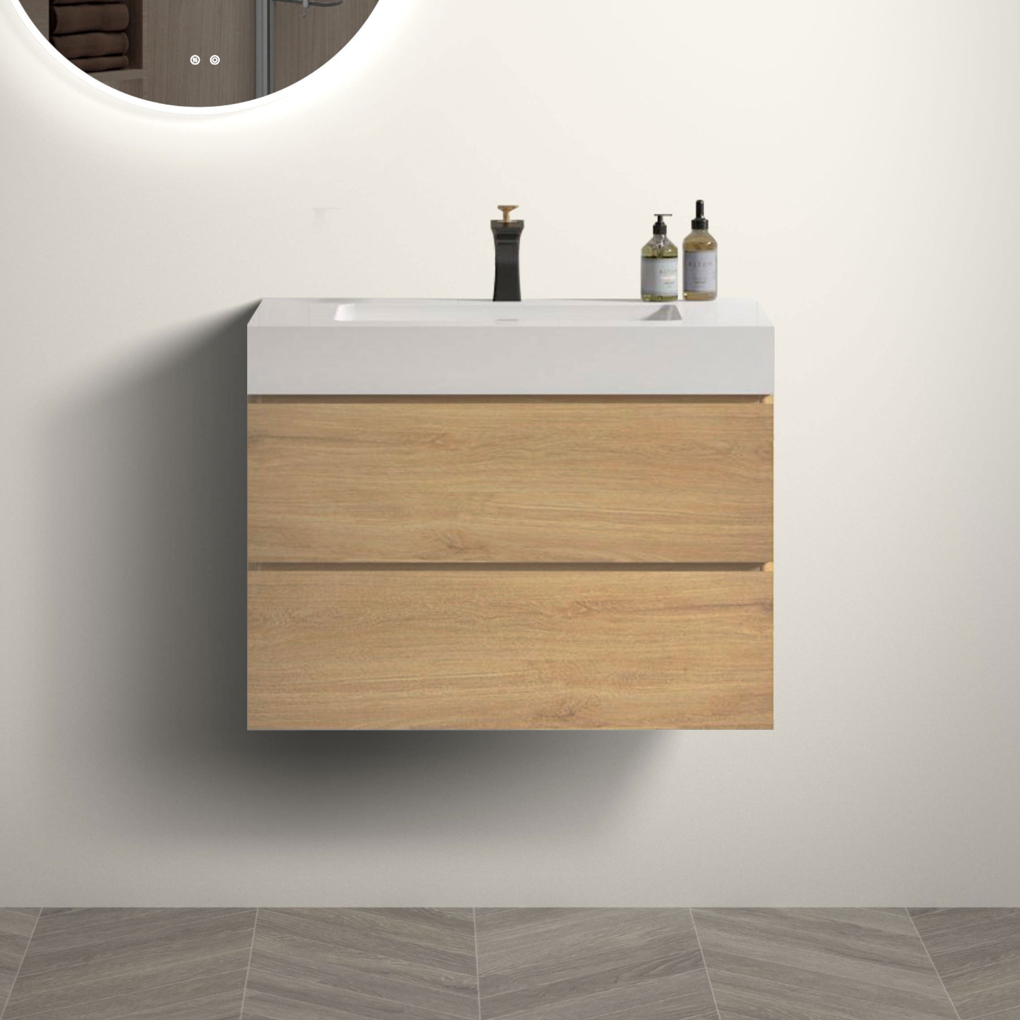 Natural Oak Wall Mounted Bathroom Vanity with Sink Large Storage Floating Design In Natural Oak