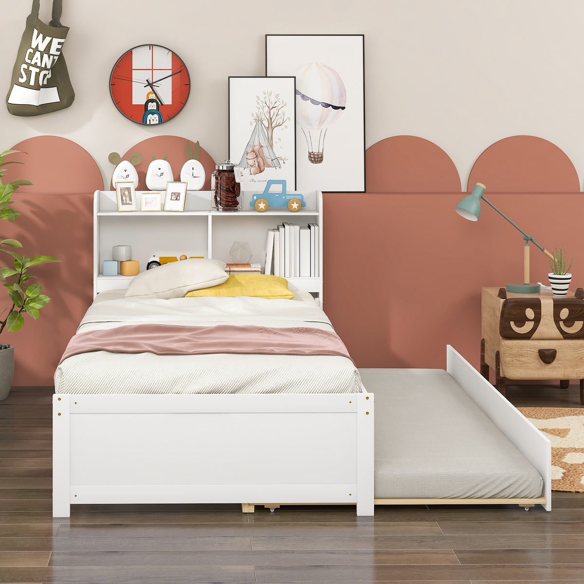 Twin Bed with Trundle &amp; Storage Headboard In White