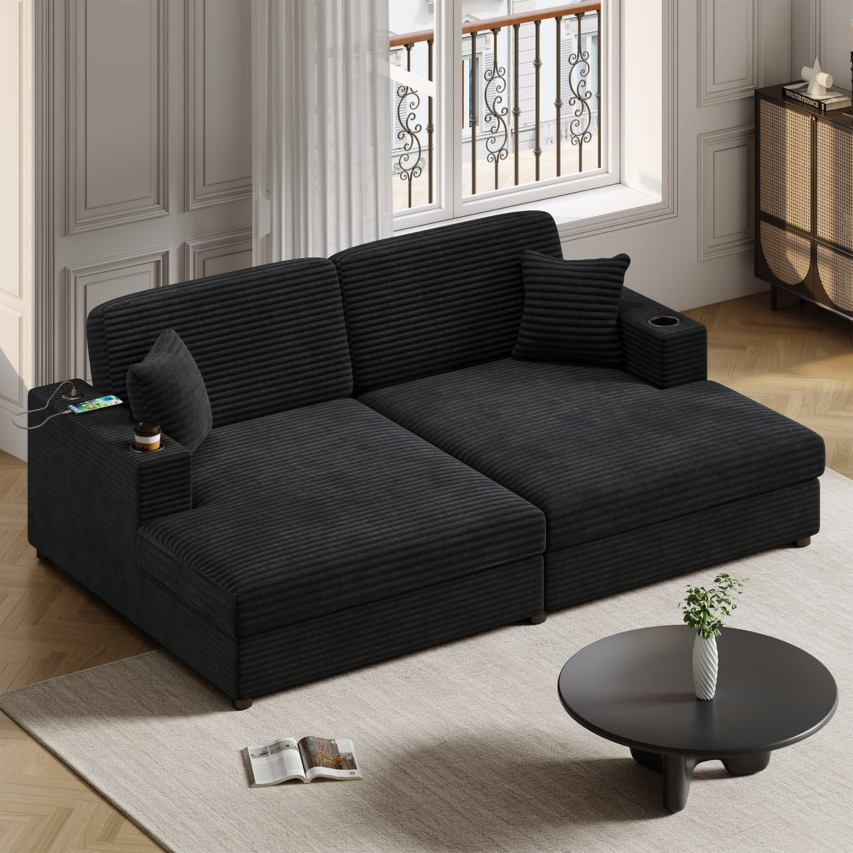 2-Seater Corduroy Chaise Lounge Sofa With Cup Holders