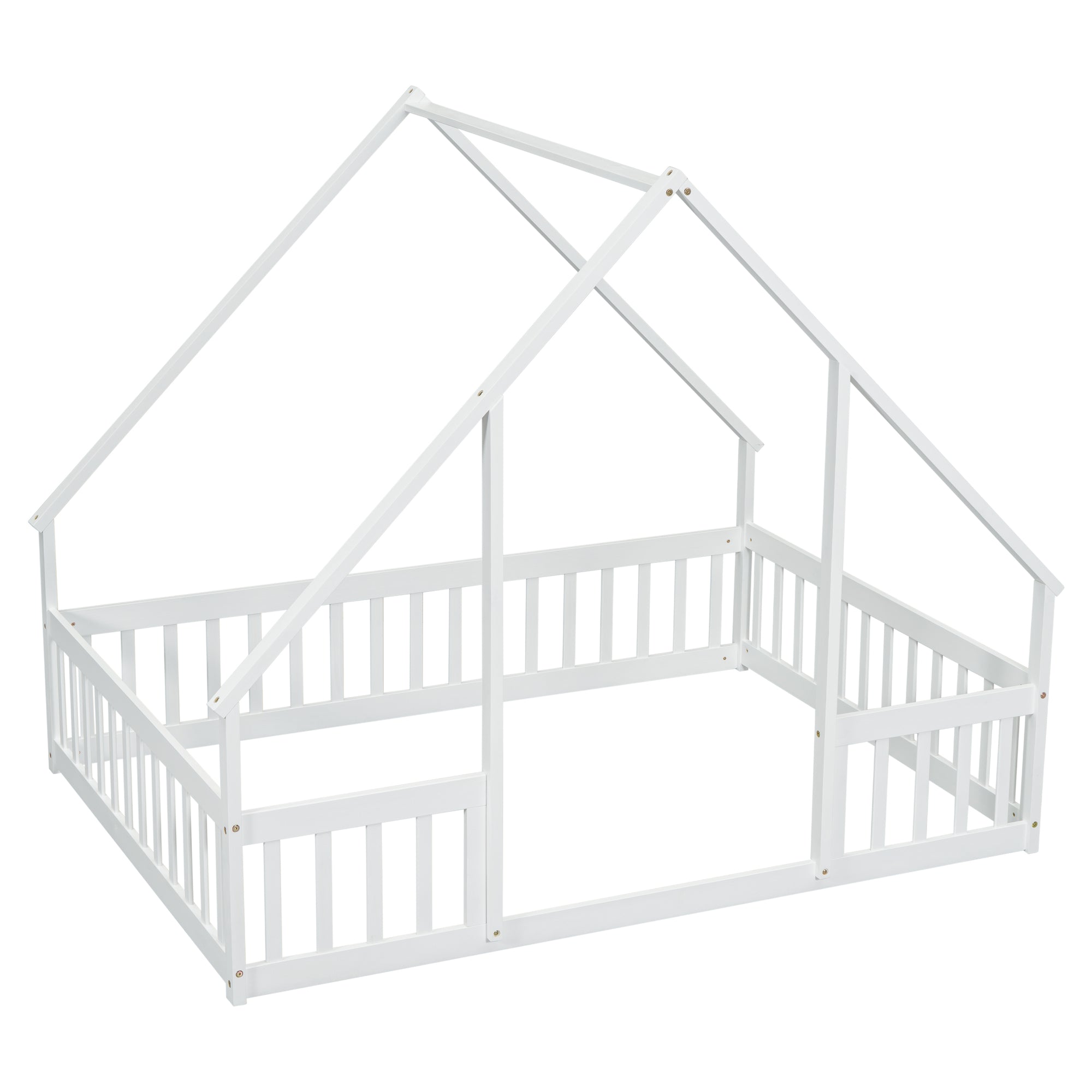 White Full Wood House-Shaped Toddler Floor Bed with Fence and Guardrails