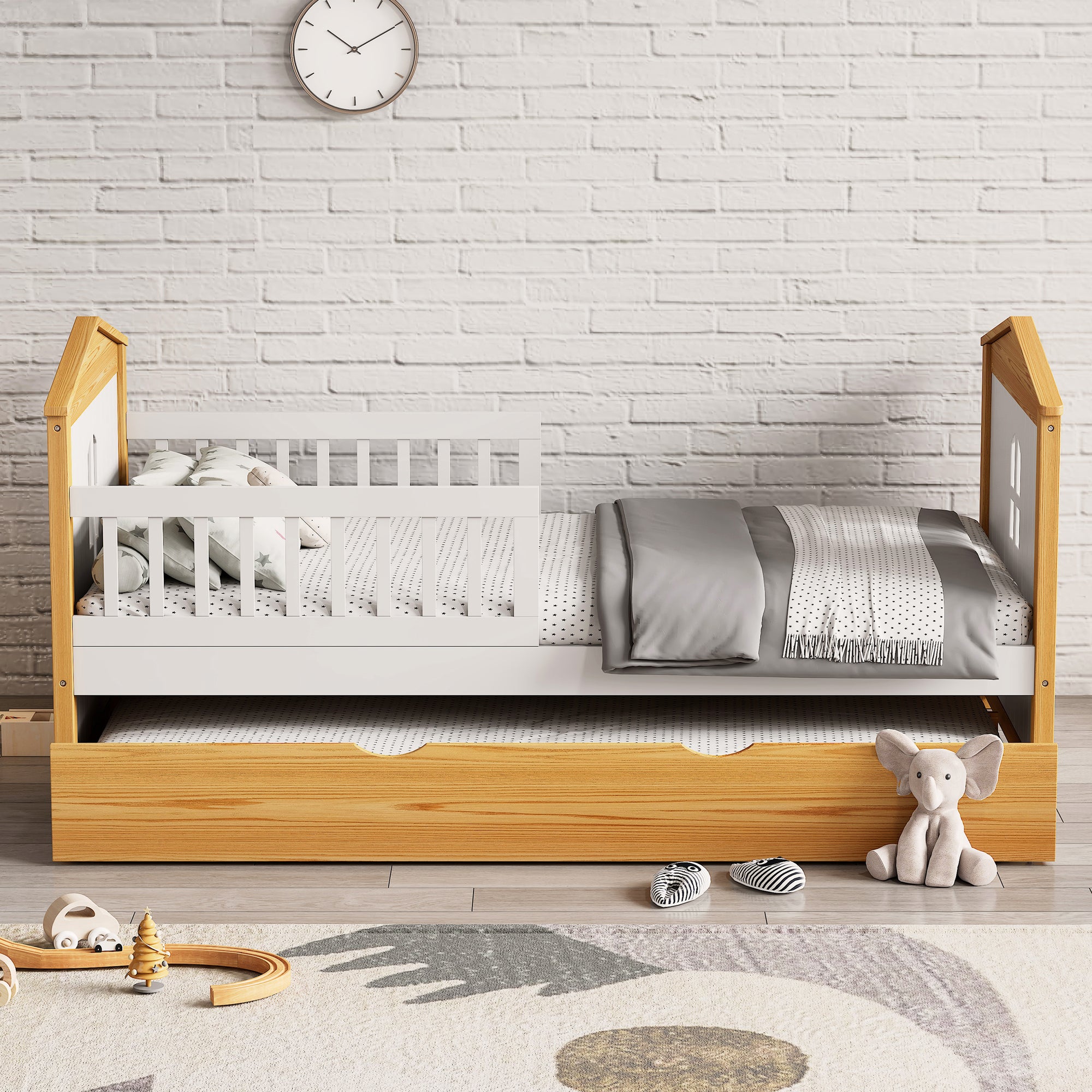 Twin House Bed with Trundle and Fence Guardrails