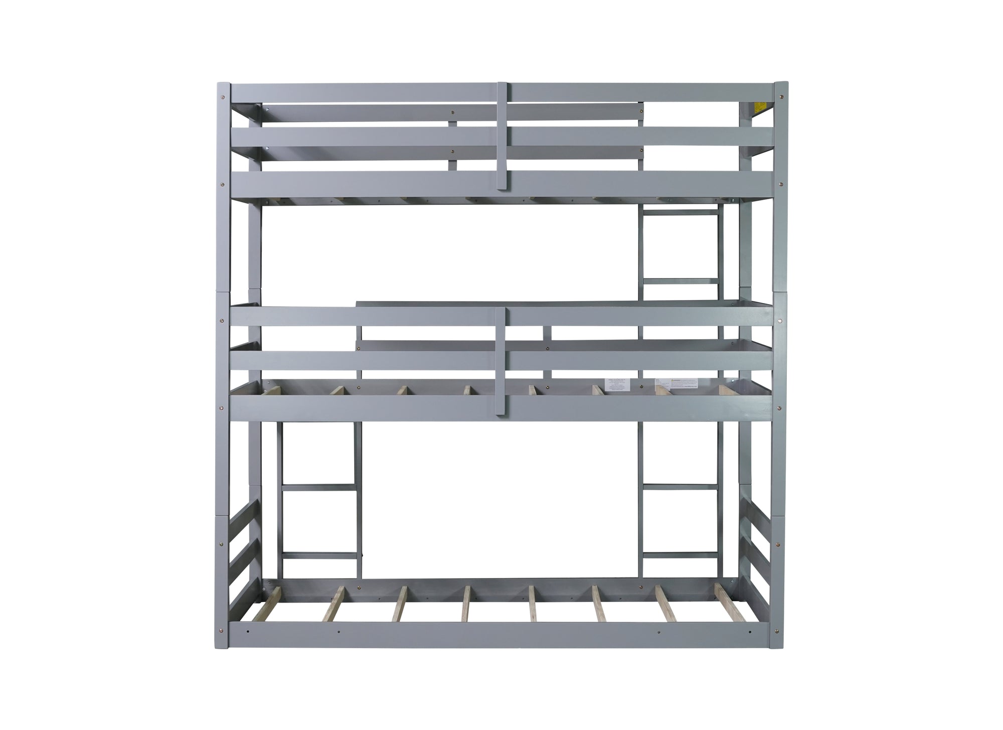 Gray Triple Rubber Wood Bunk Bed with Built-in Ladders and Guardrails