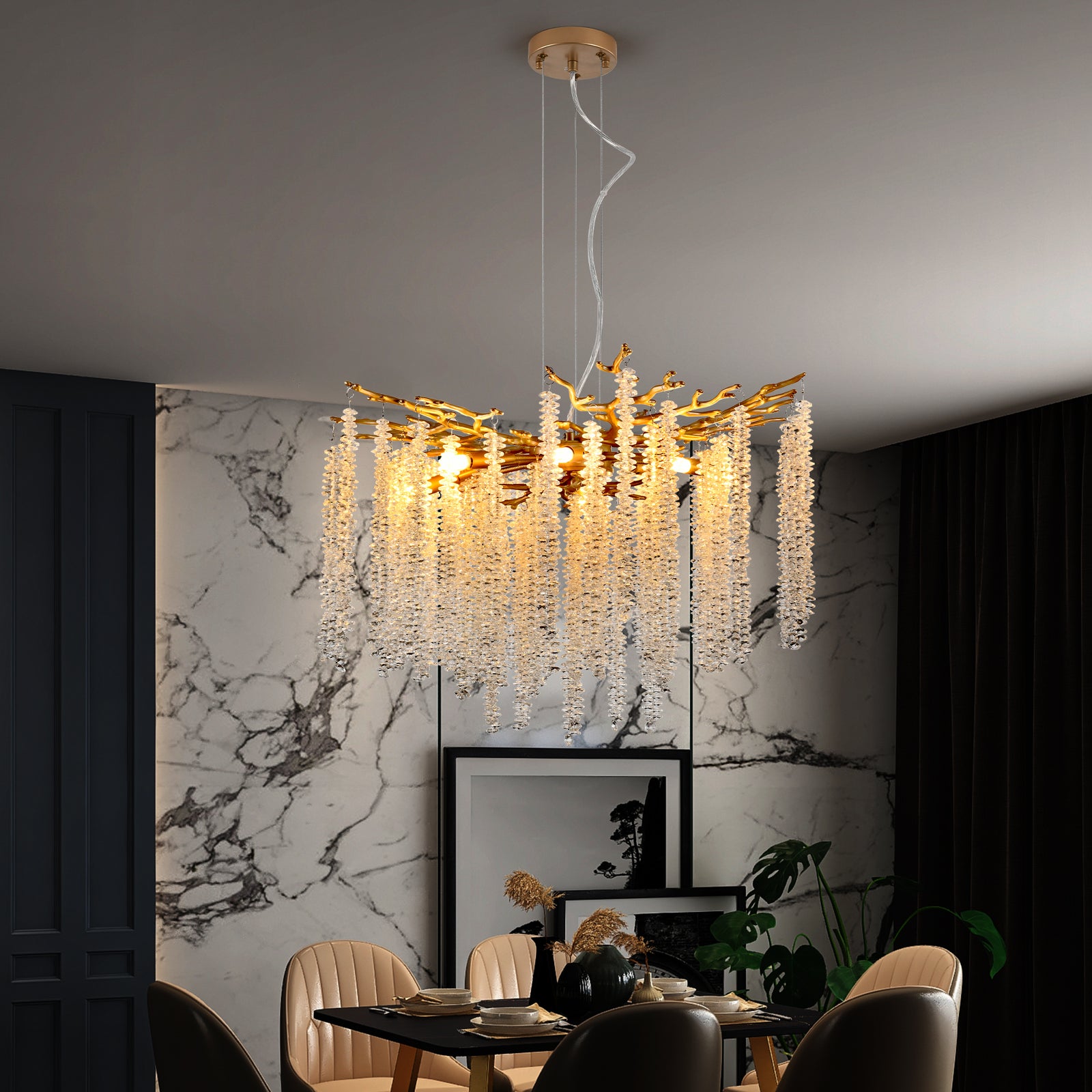 Modern Golden Pendant Light with Cascading Crystal Strands