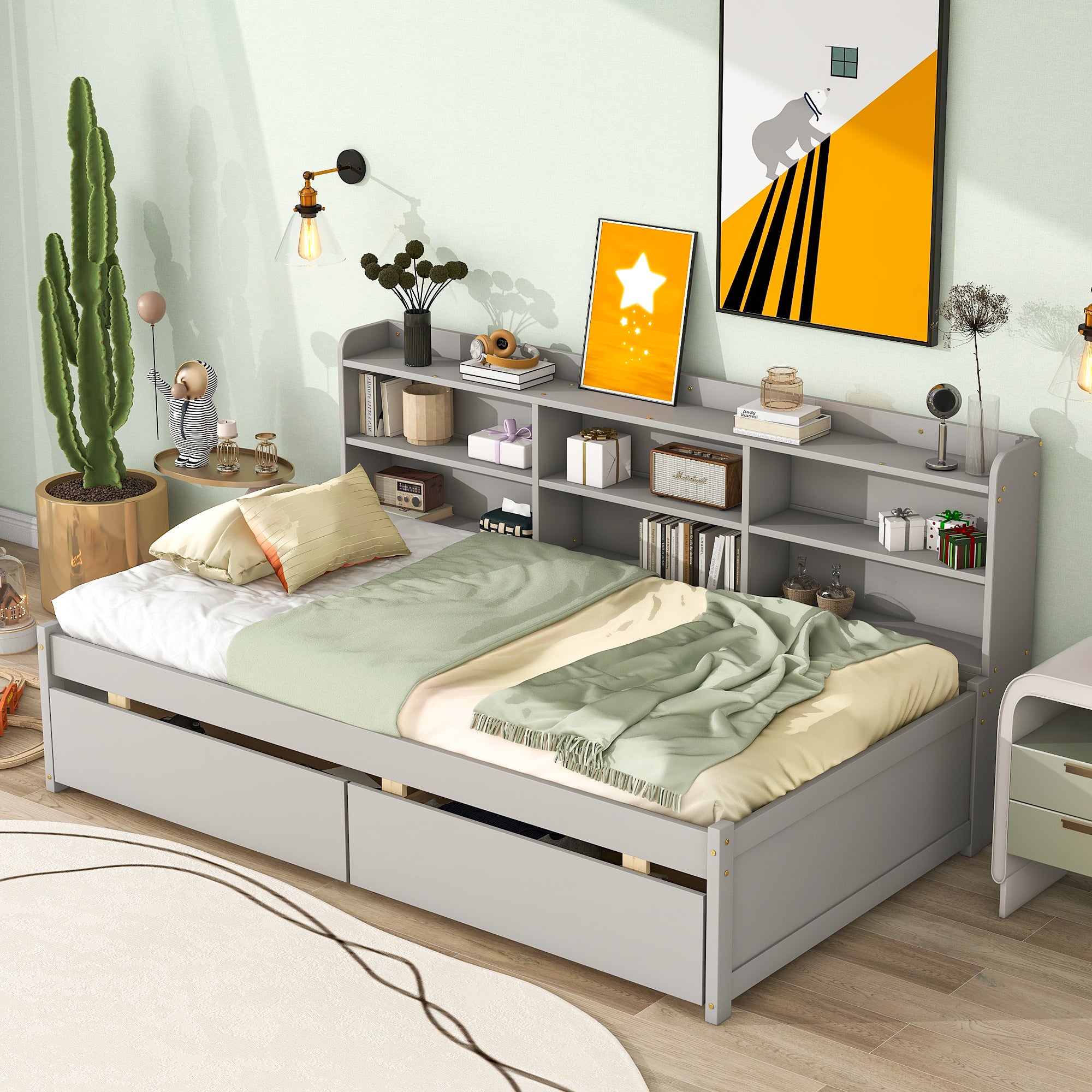 Twin Bed with Side Bookcase and Storage Drawers in Gray