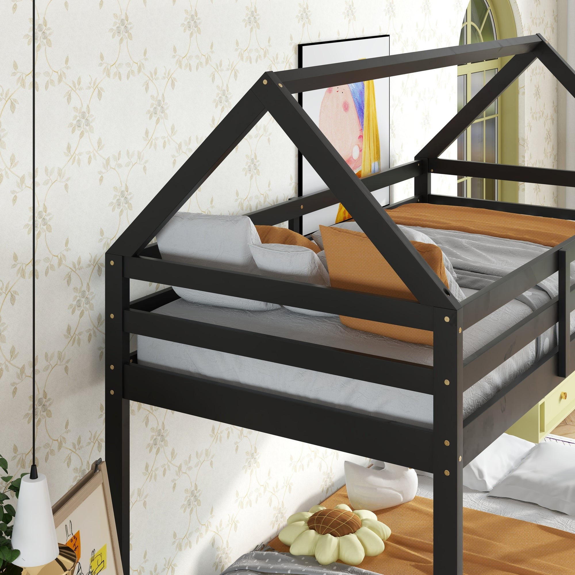 Black Twin Over Twin Rubber Wood Floor Bunk Bed