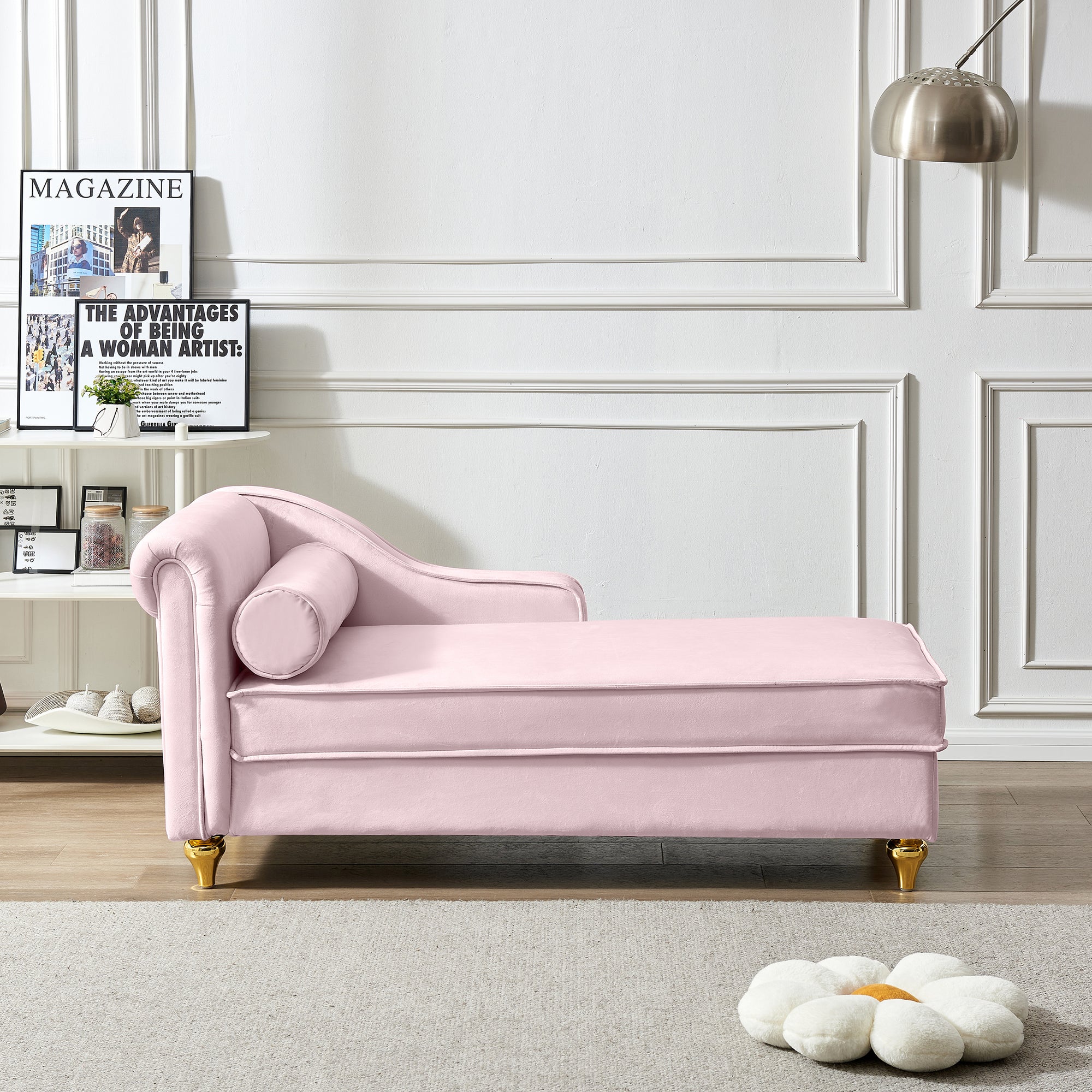 Modern Pink Velvet Chaise Lounge With Storage Compartment