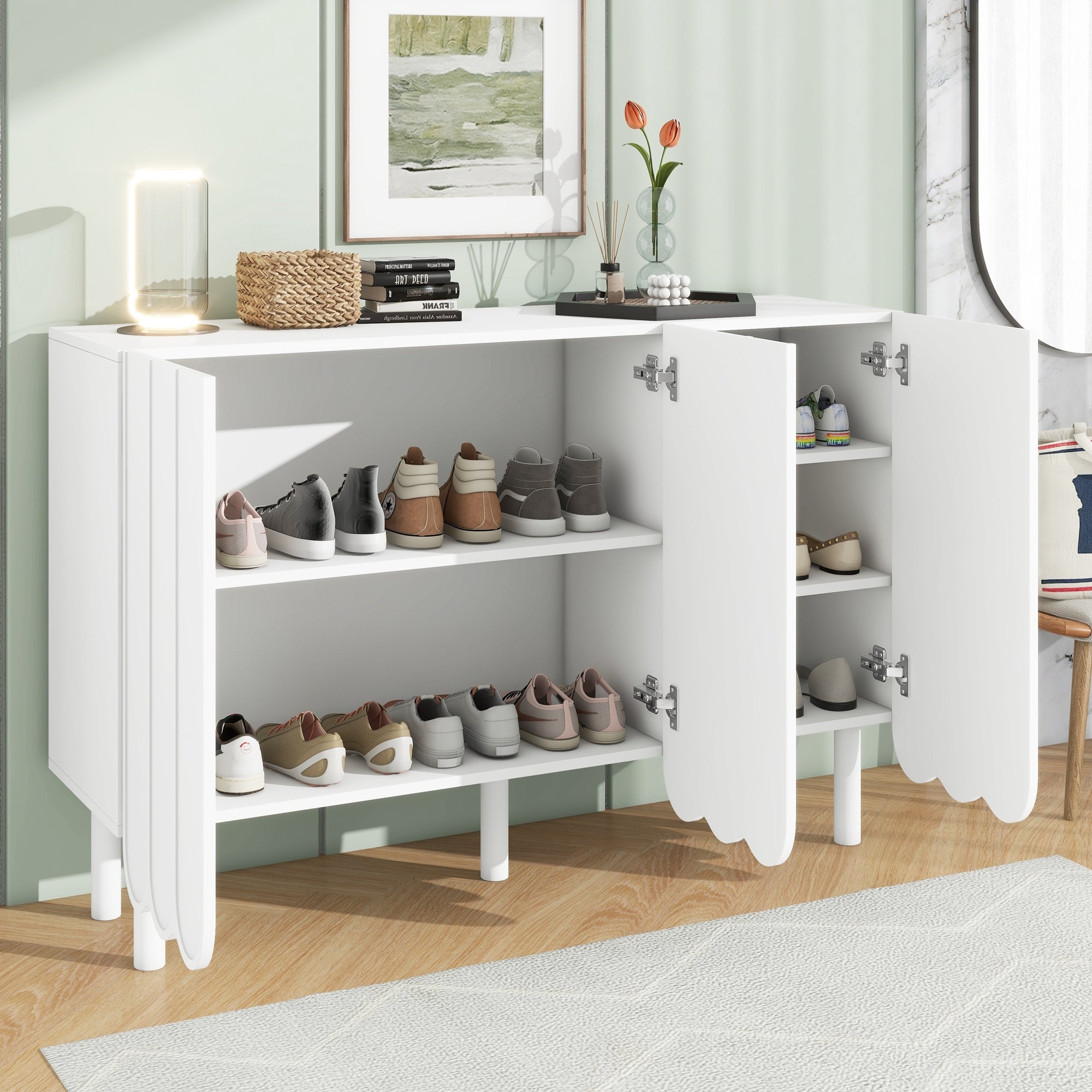 Cream Style Minimalist Shoe Cabinet with Wave Doors and Adjustable Shelves In White