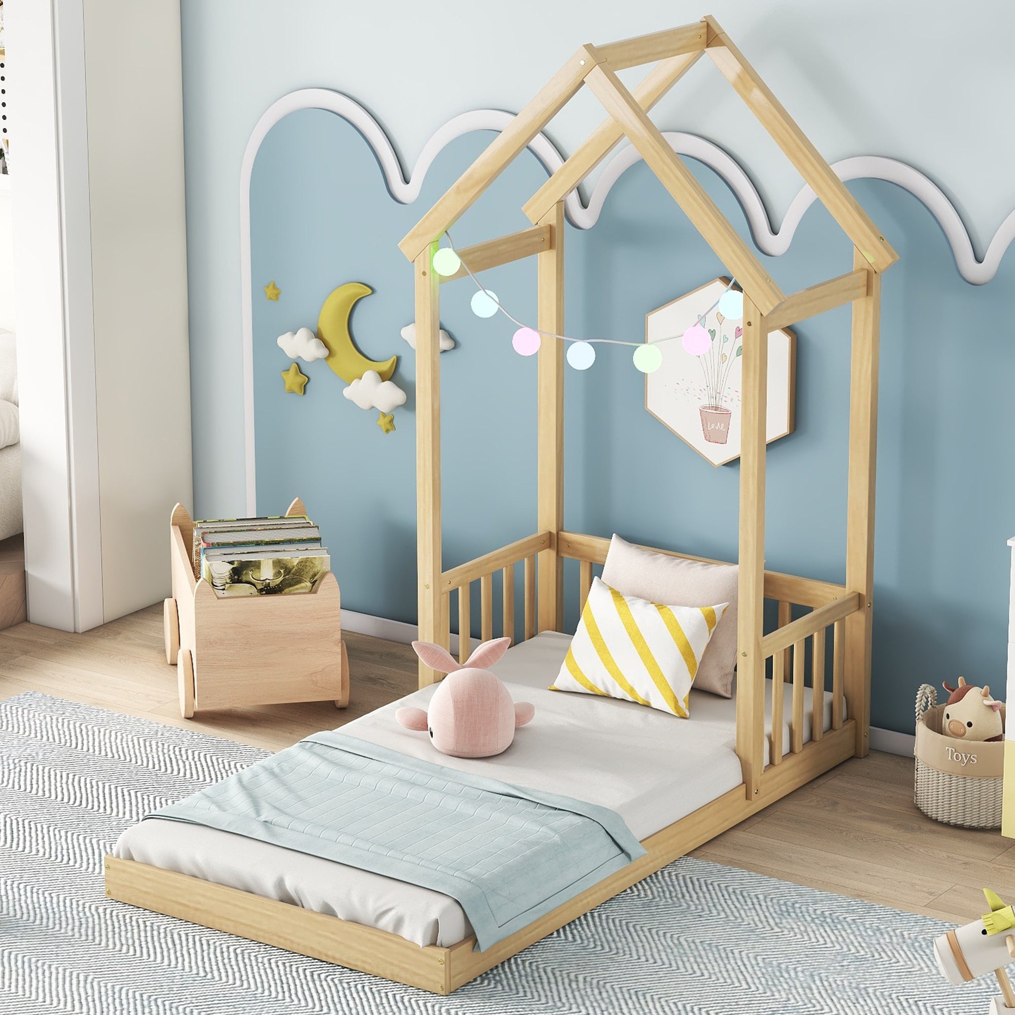 Natural Twin House-Shaped Roof Headboard Toddler Floor Bed