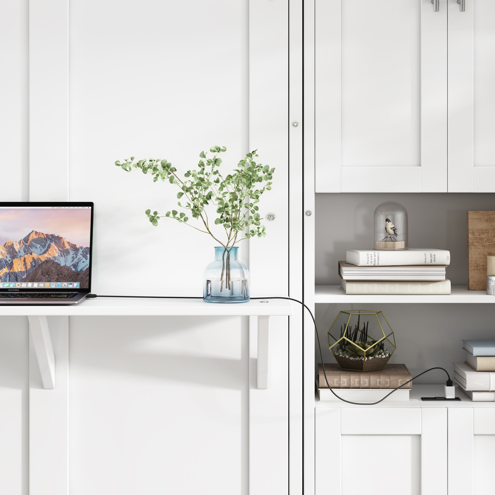 Queen Folding Murphy Bed with Two Side Cabinets in White