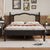 Full Size Wooden Platform Bed with Rattan Headboard and Wooden Slat Support In Black