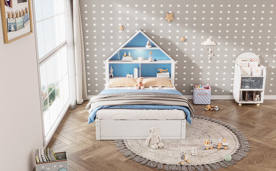 White & Blue Full House-Shaped Bed Frame with Trundle, Shelves, and LED Nightlight