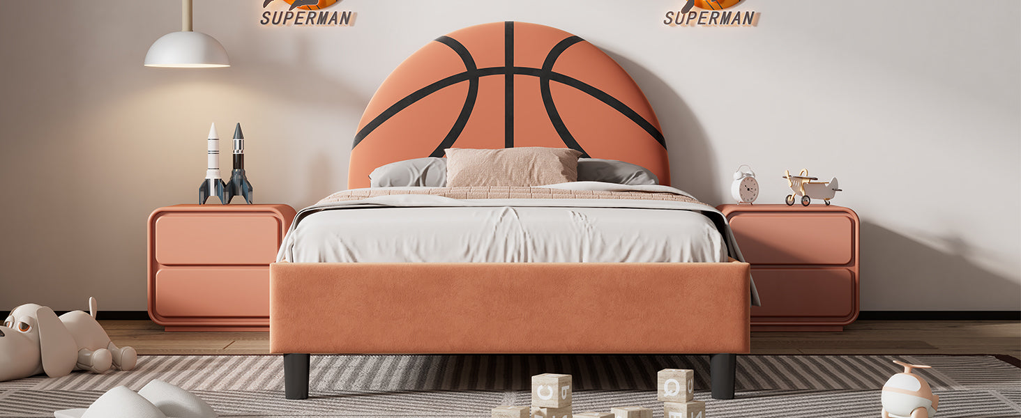 Twin Size Basketball-Themed Velvet Upholstered Bed