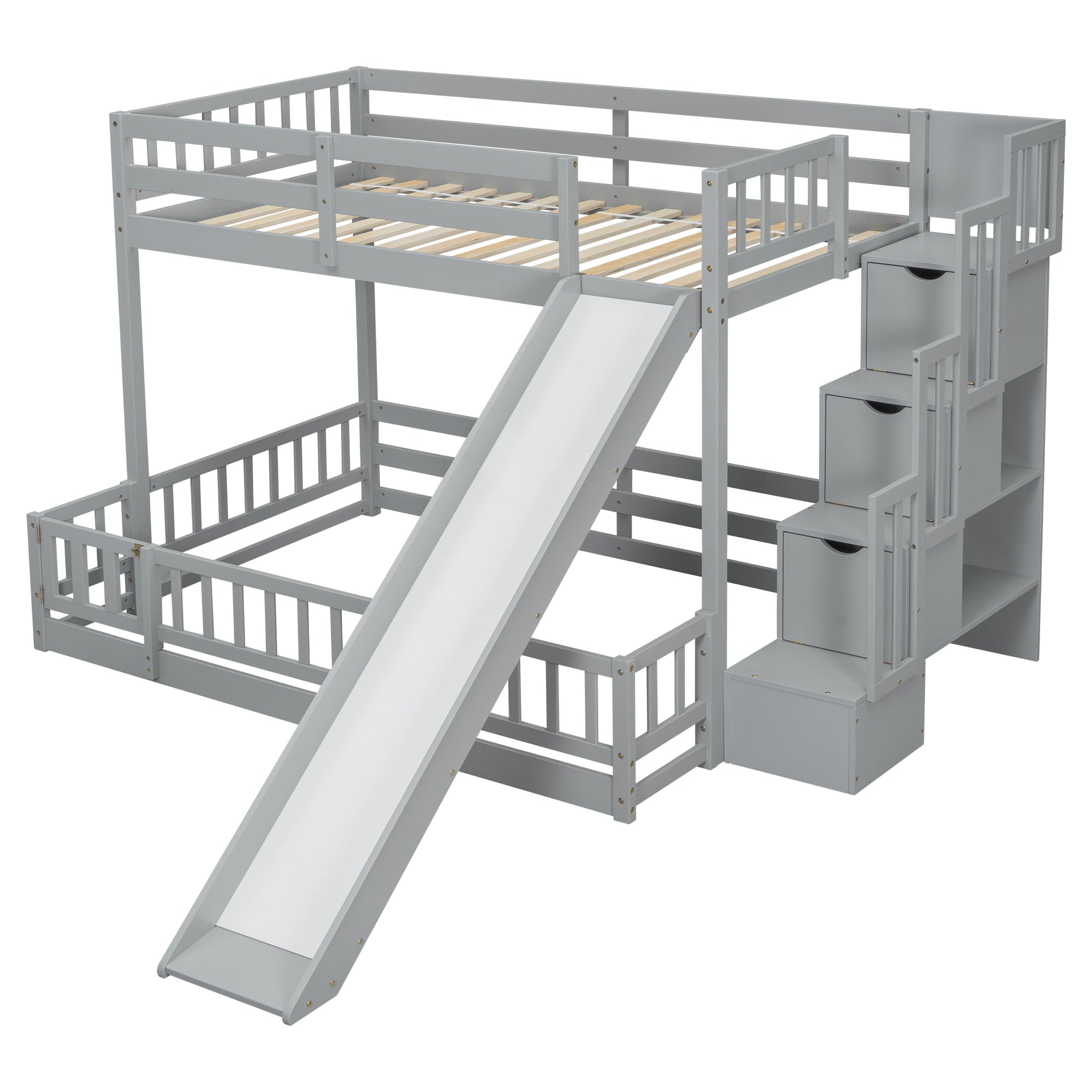 Twin Over Full Bunk Bed with Slide and Storage Staircase