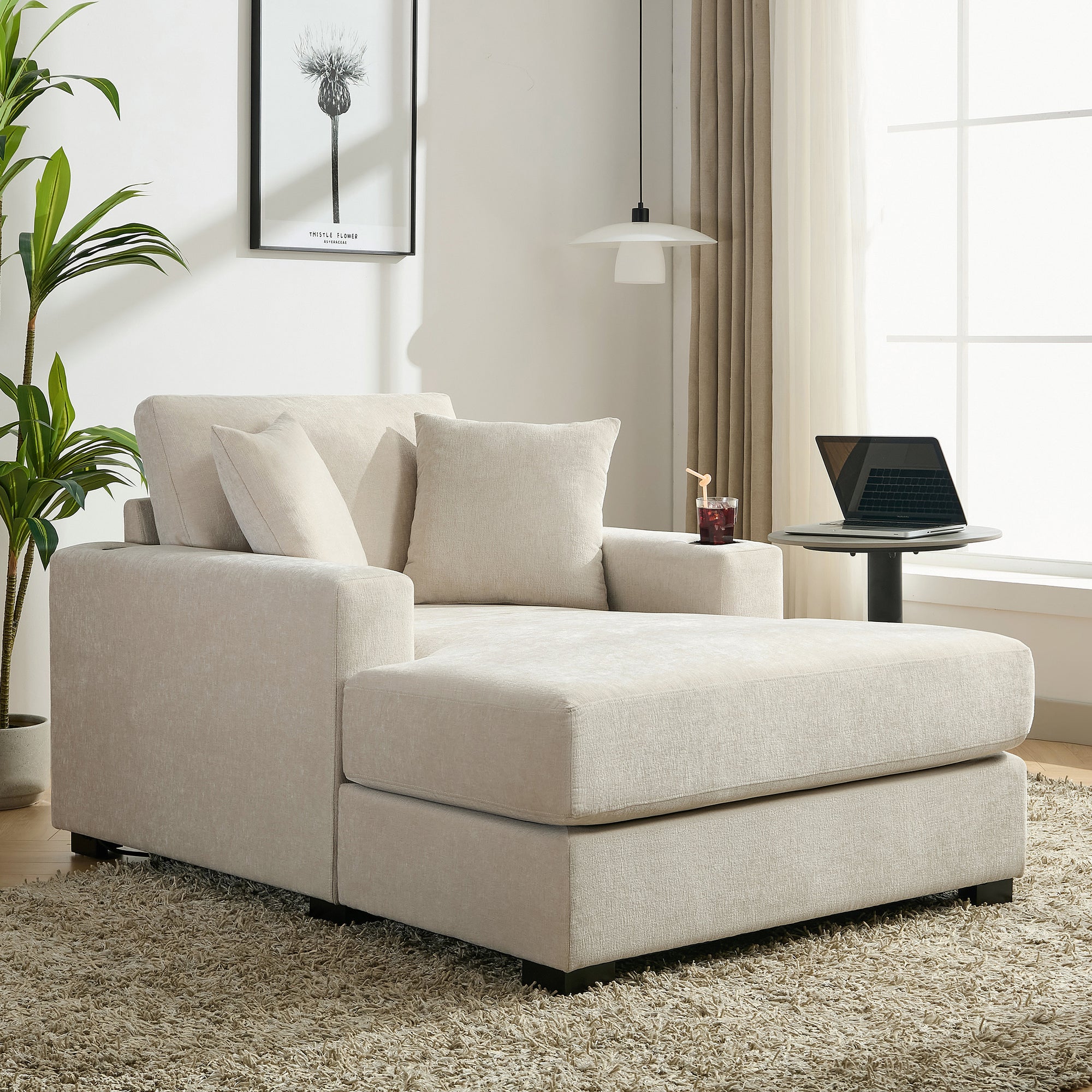 Cream Chenille Oversized Chaise Lounger With Built-In Charge Station & Cup Holders