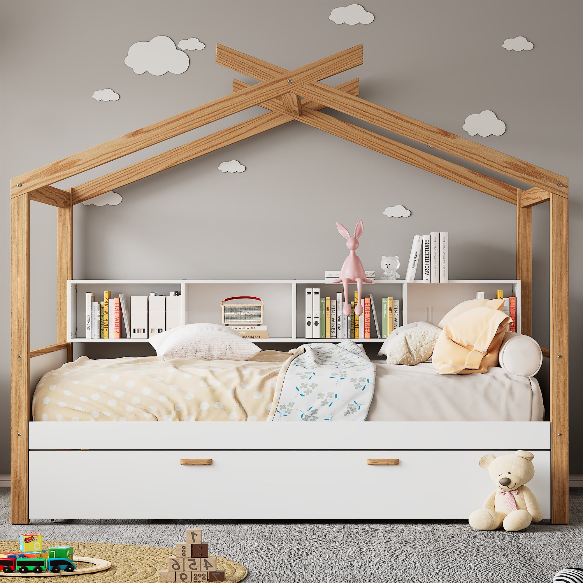 White and Natural Tone Full House Bed with Trundle and Bookshelf Storage