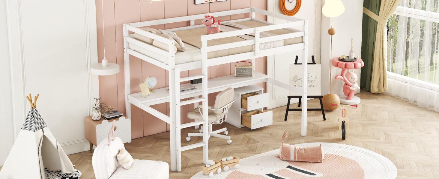 White Twin Loft Bed with Built-in Desk, Storage Cabinet, Guardrails & Ladder