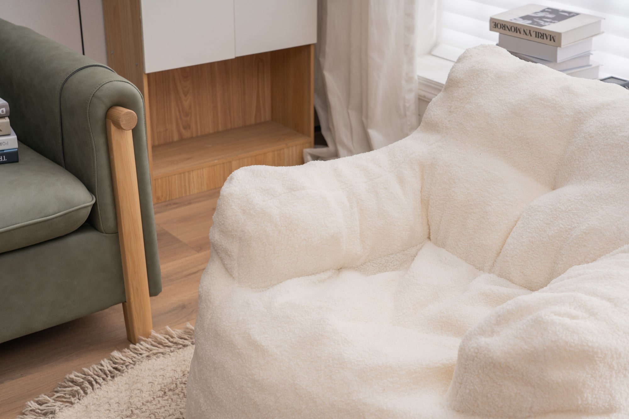 Soft Teddy Tufted Bean Bag Chair in Ivory White