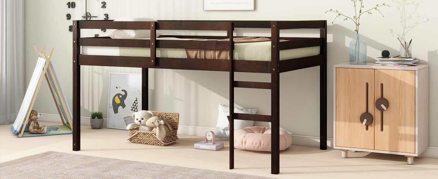 Espresso Twin Loft Bed with Ladder and Strengthened Slats