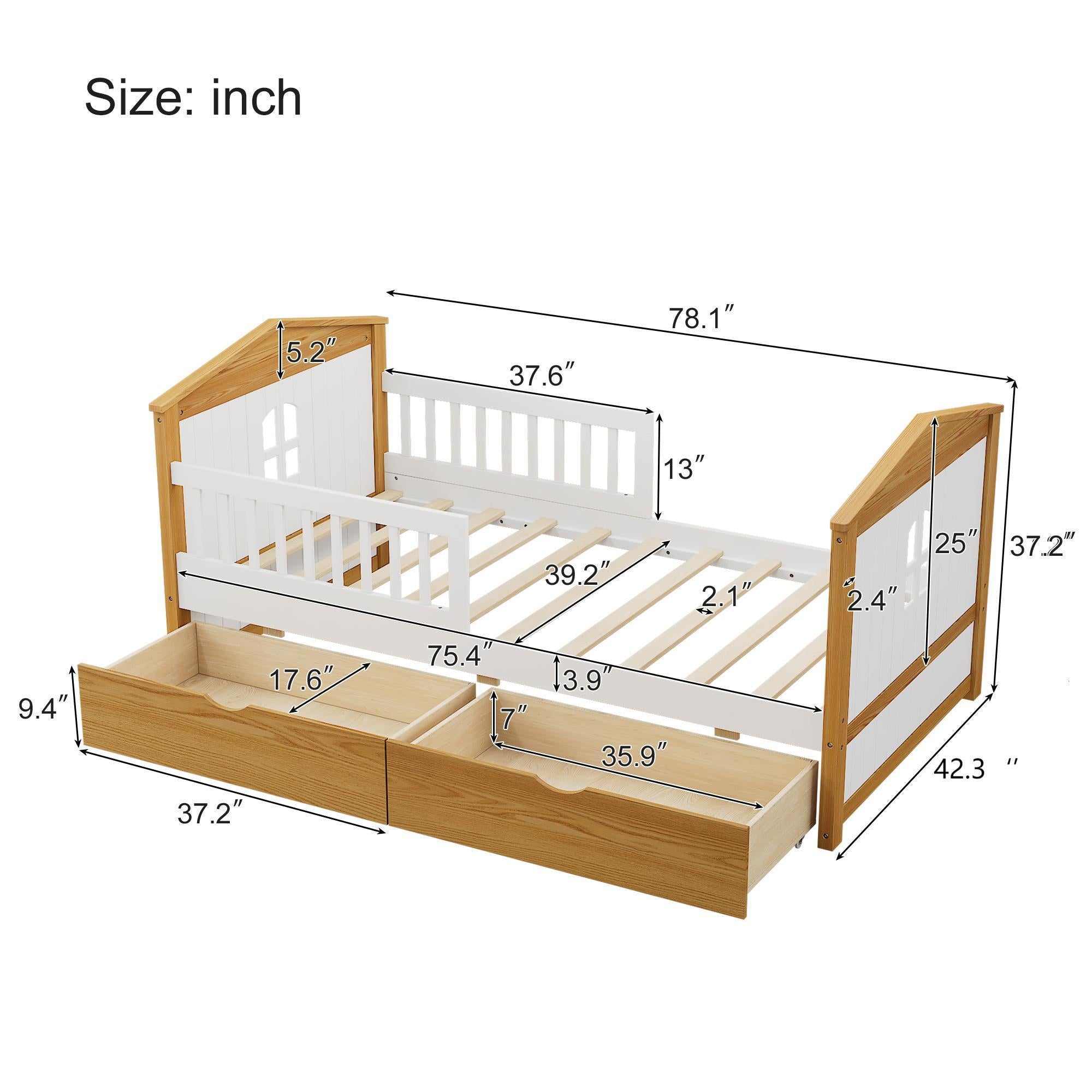 Twin Safety Bed For Toddlers with Fence Guardrails & Storage Drawers