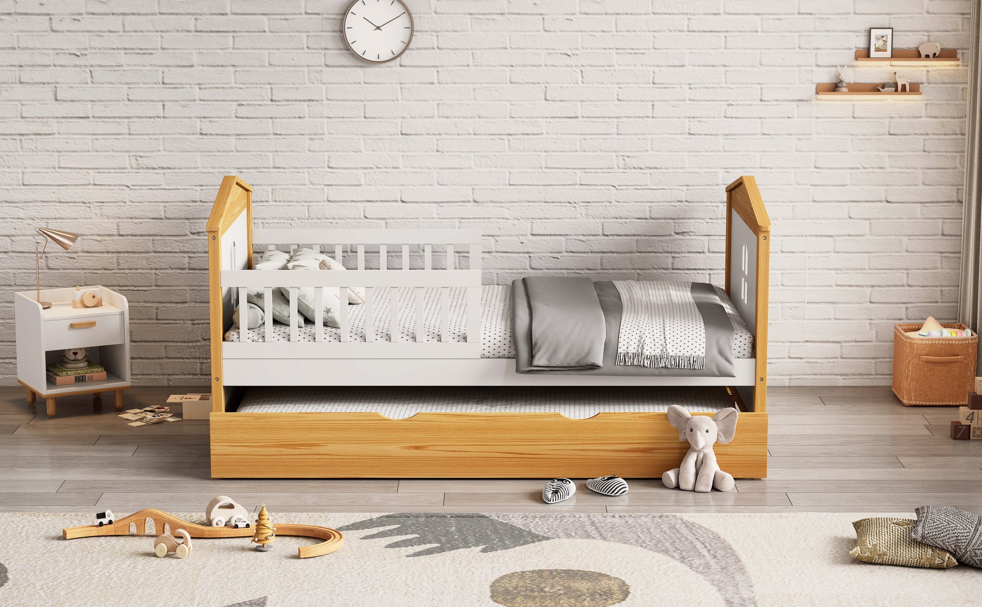 Twin House Bed with Trundle and Fence Guardrails