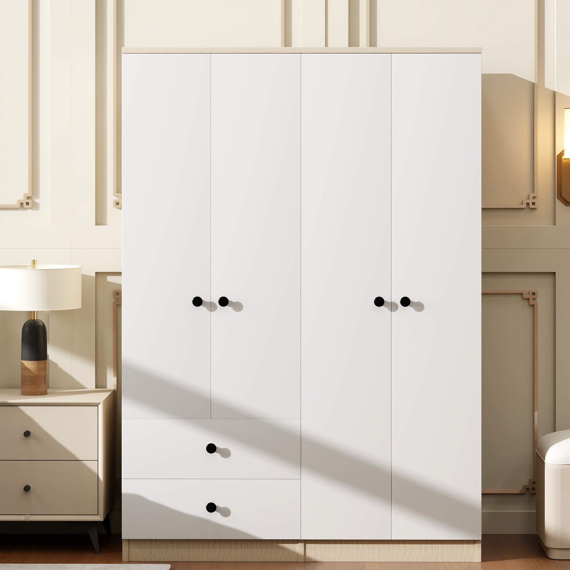 4 Door Wardrobe Closet with Drawers Shelf and Hanging Rod In White