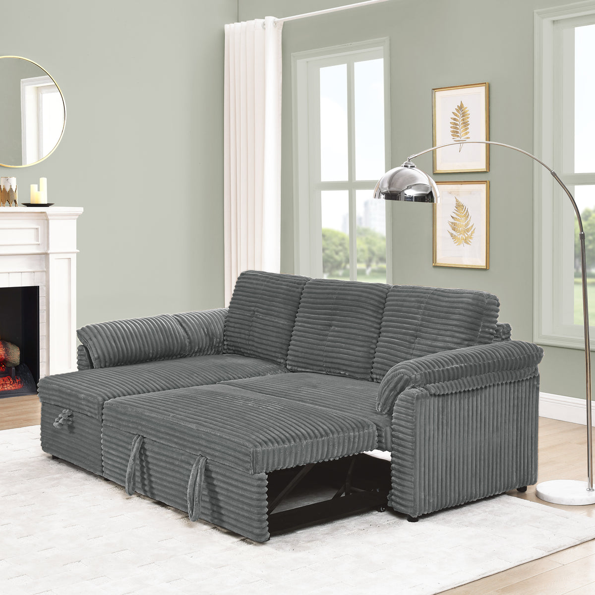 Corduroy Tufted Upholstered Sleeper Sectional Sofa with Storage Chaise Convertible Design and Reclining Backrest In Grey