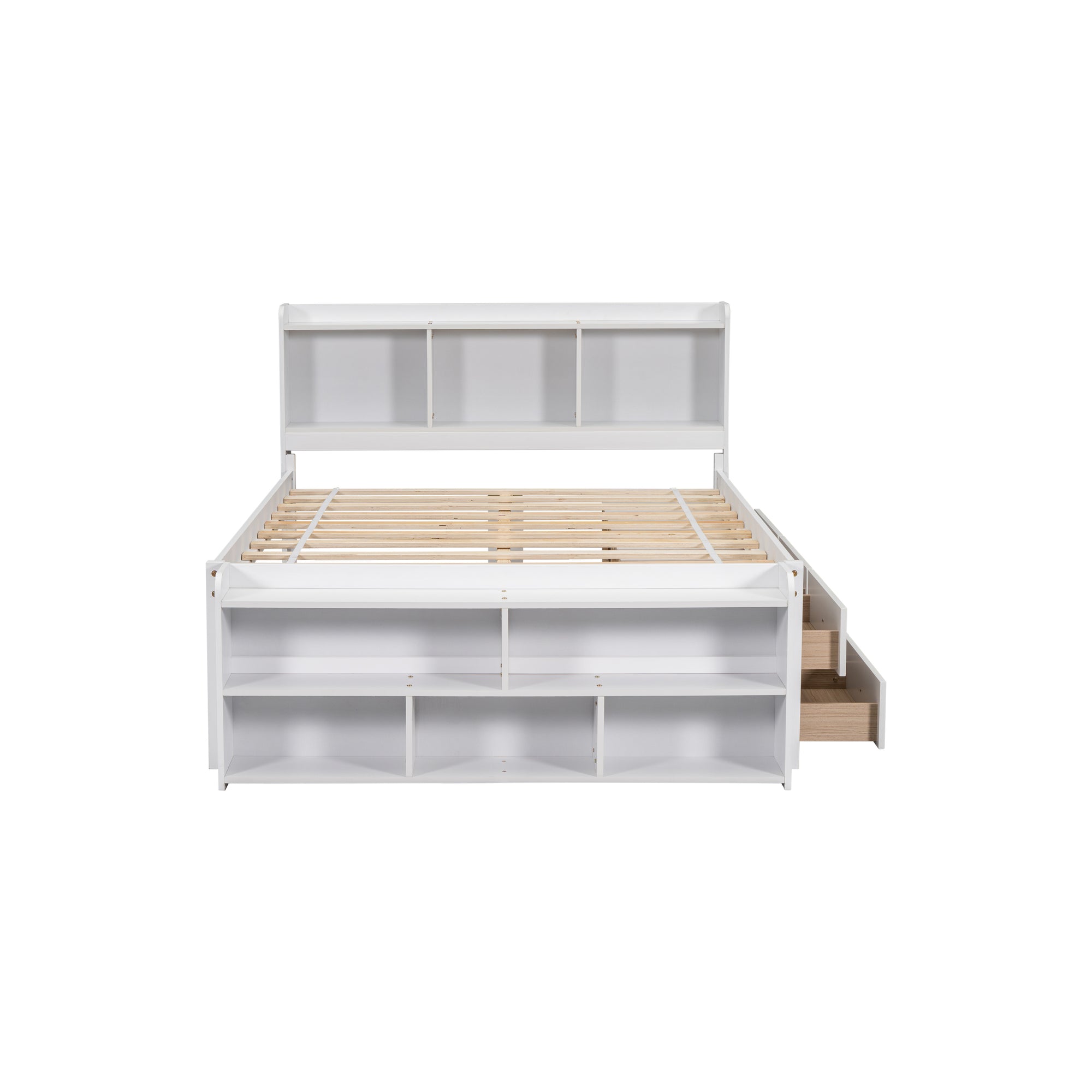 White Full Bed with Bookcase Headboard, Under-Bed Storage Drawers, and Bed-End Storage Case