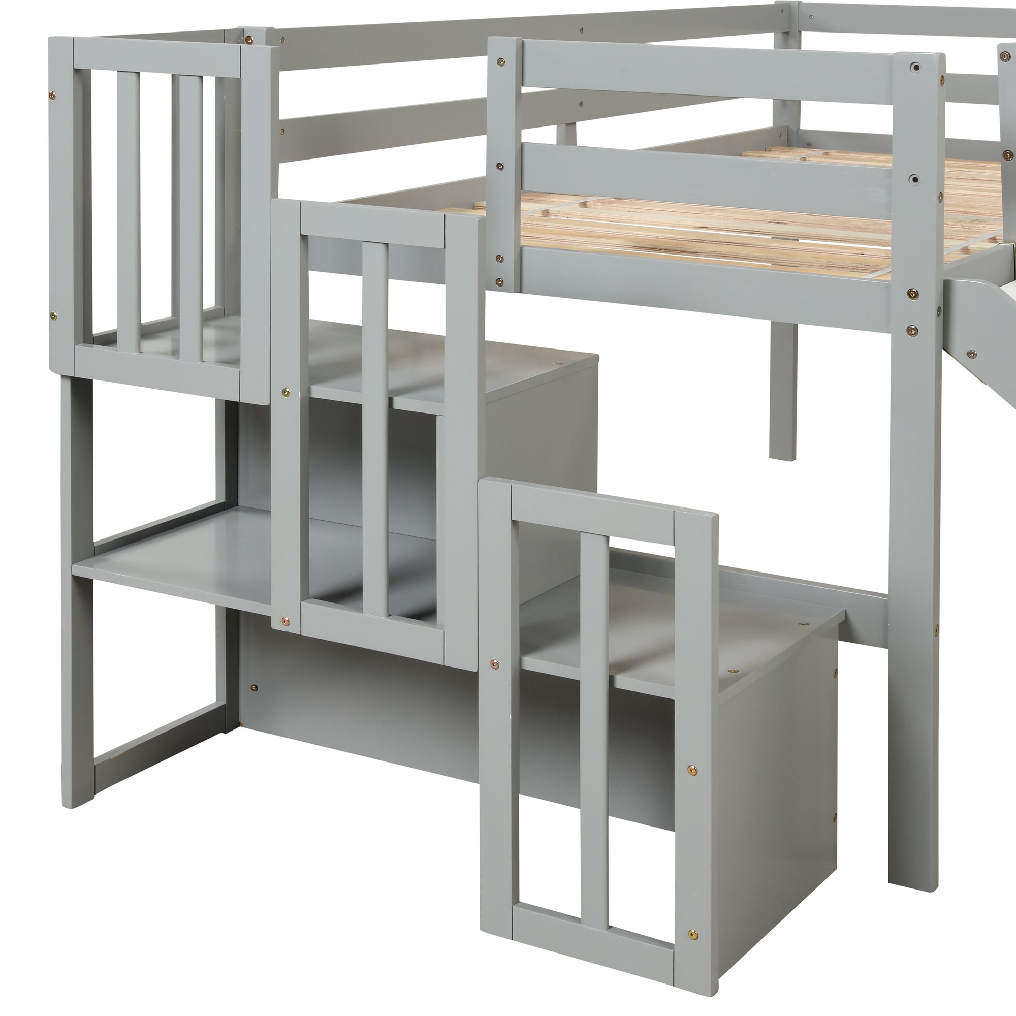 Gray Twin Loft Bed with Slide, Storage Staircase, and Full-Length Guardrails