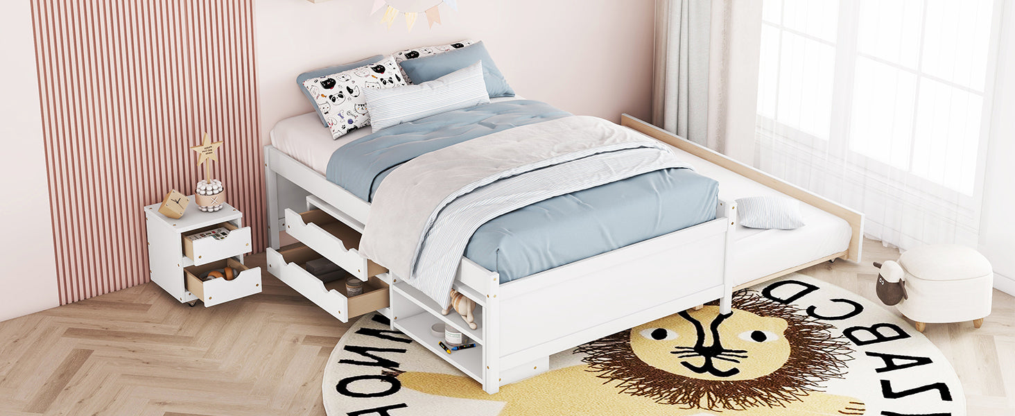 White Versatile Full Bed & Nightstand with Trundle and Underbed Storage Box