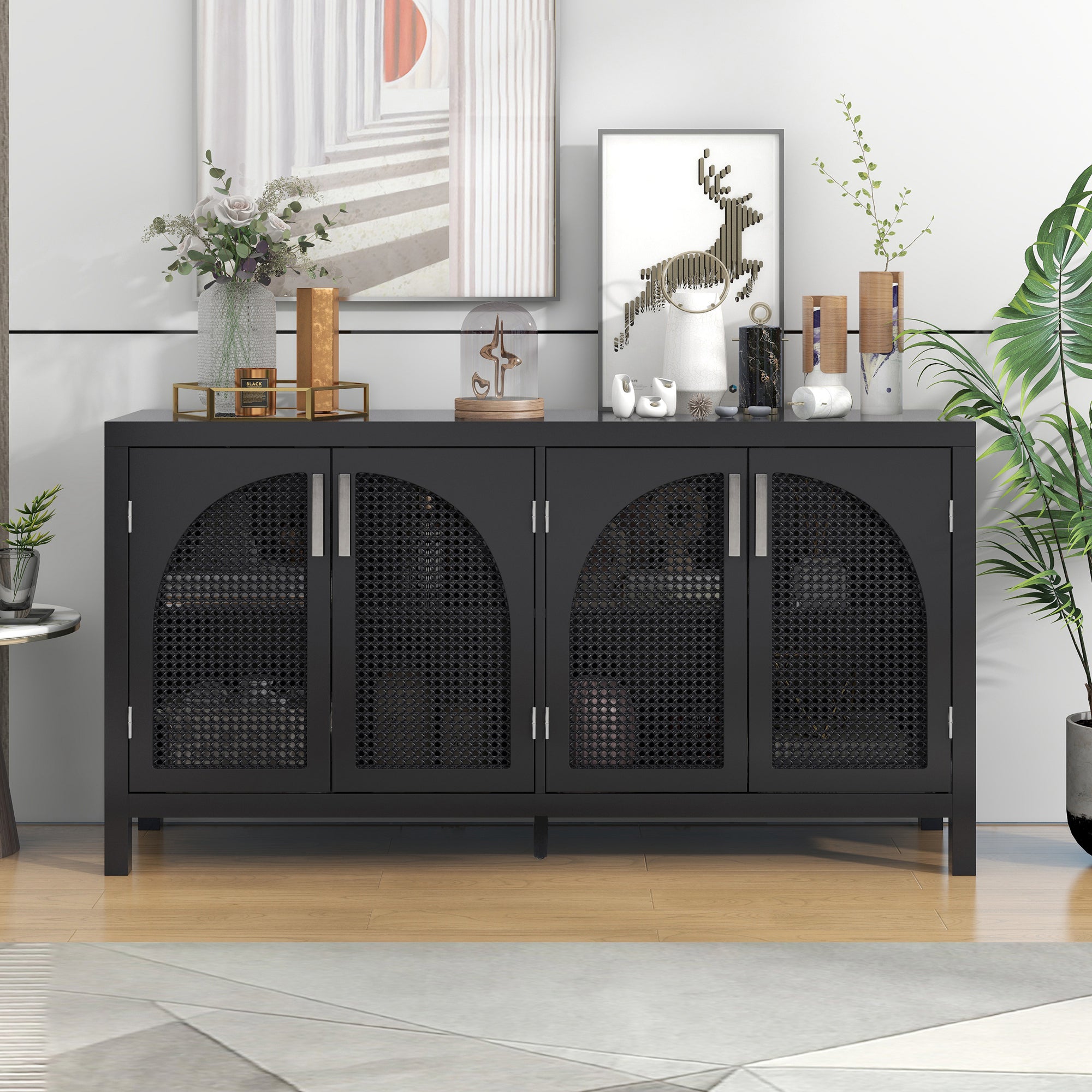 Large Storage Space Sideboard with Rattan Doors and Metal Handles for Living Room and Entryway In Black