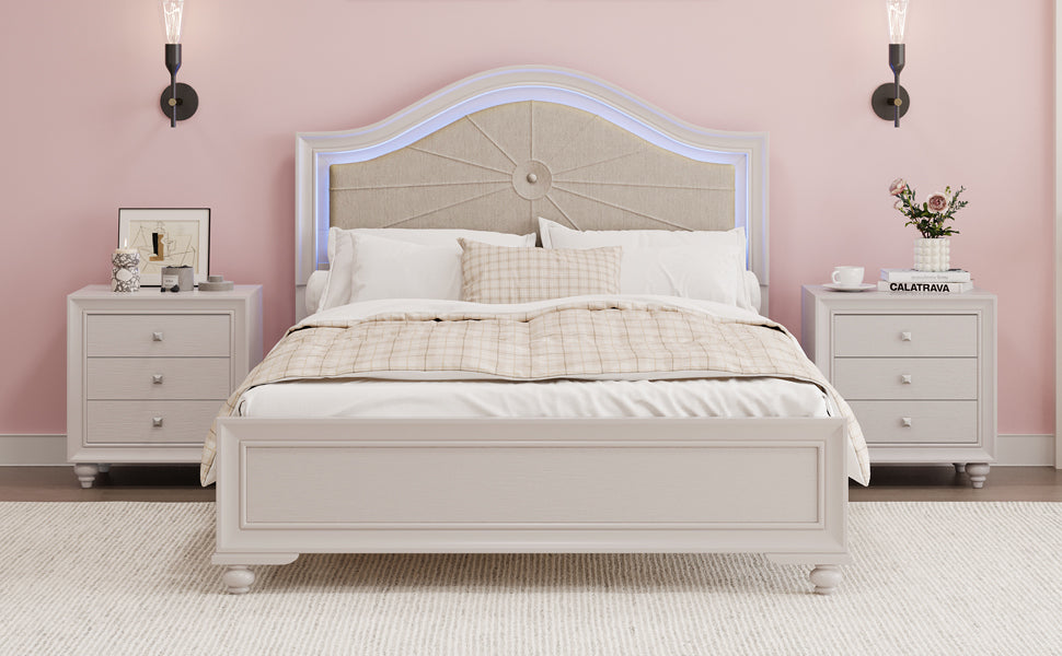 Cream Gray Queen Bed with Hidden LED Light Headboard