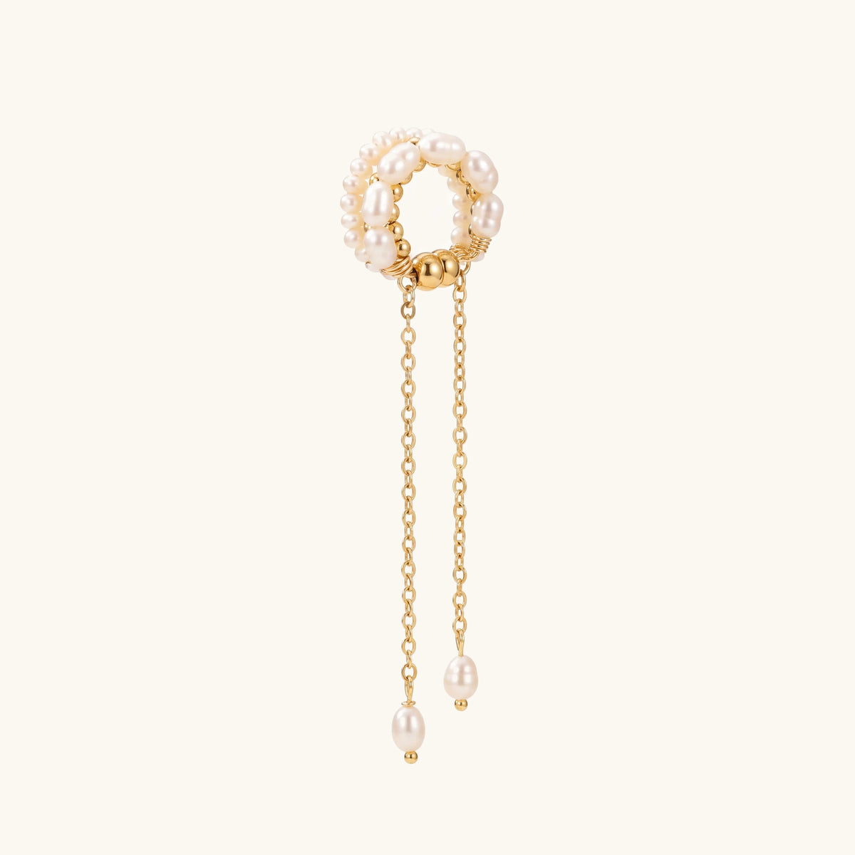 Elegant Wrapped Pearls Dangle Earring Cuff – gold ear cuff with wrapped pearl drops on a soft ivory background