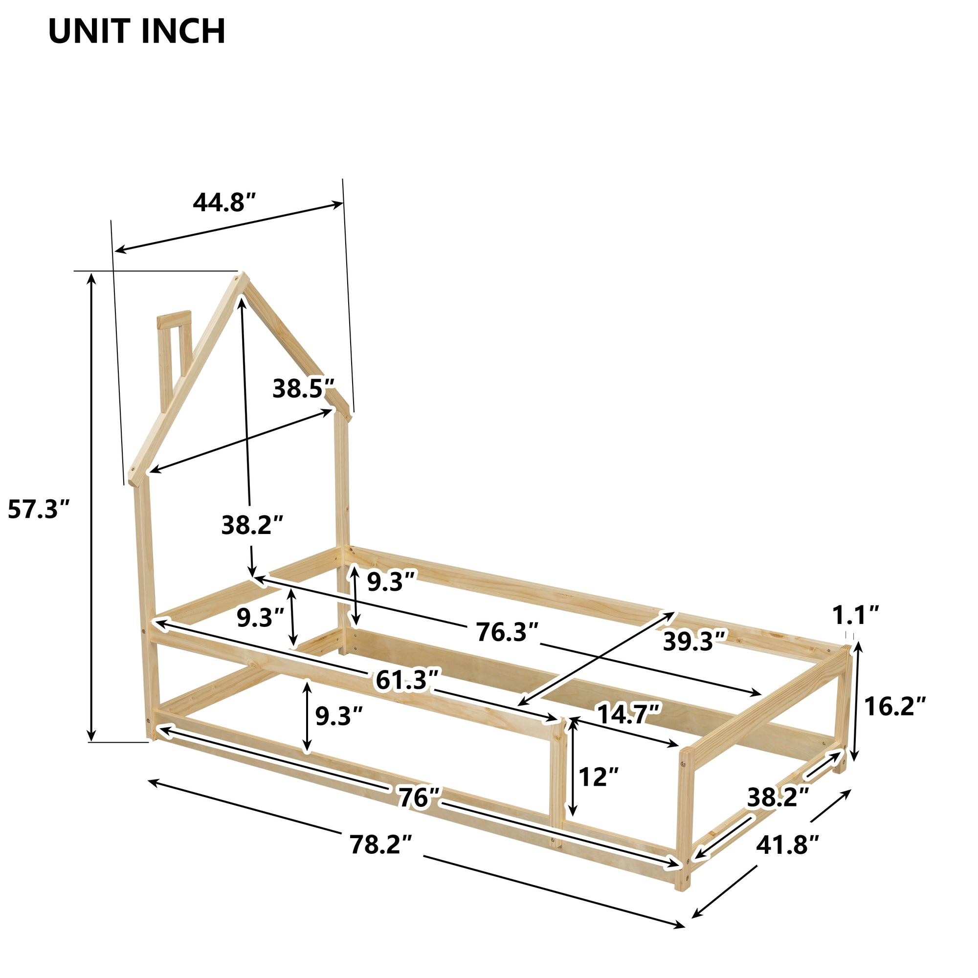 Natural Tone Twin Size Wood Toddler Floor Bed with House-Shaped Headboard & Fences