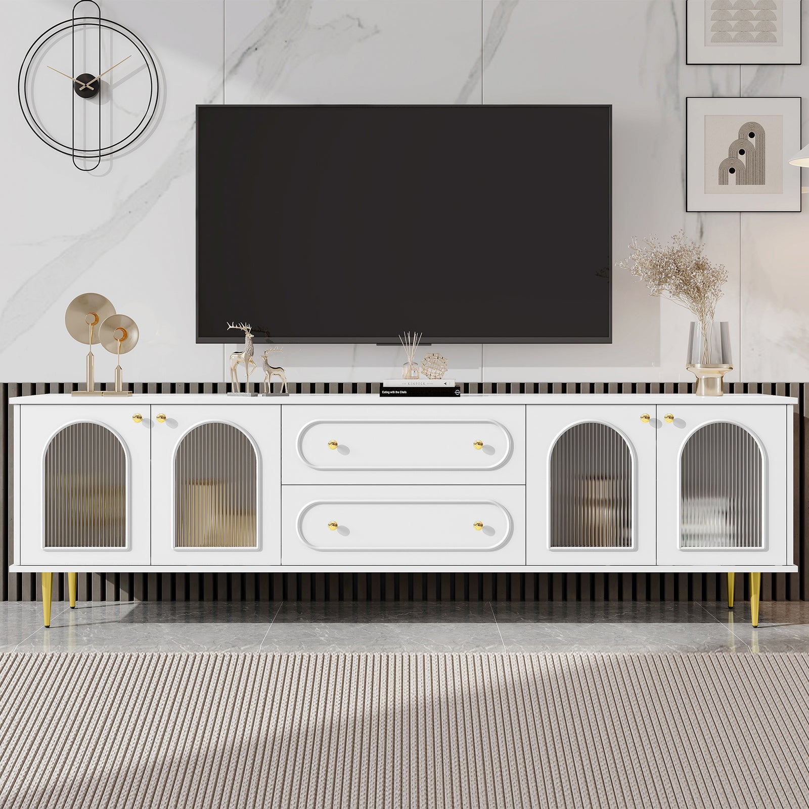 80" White Mid Century Modern TV Stand with Fluted Glass Doors for TVs up to 80"