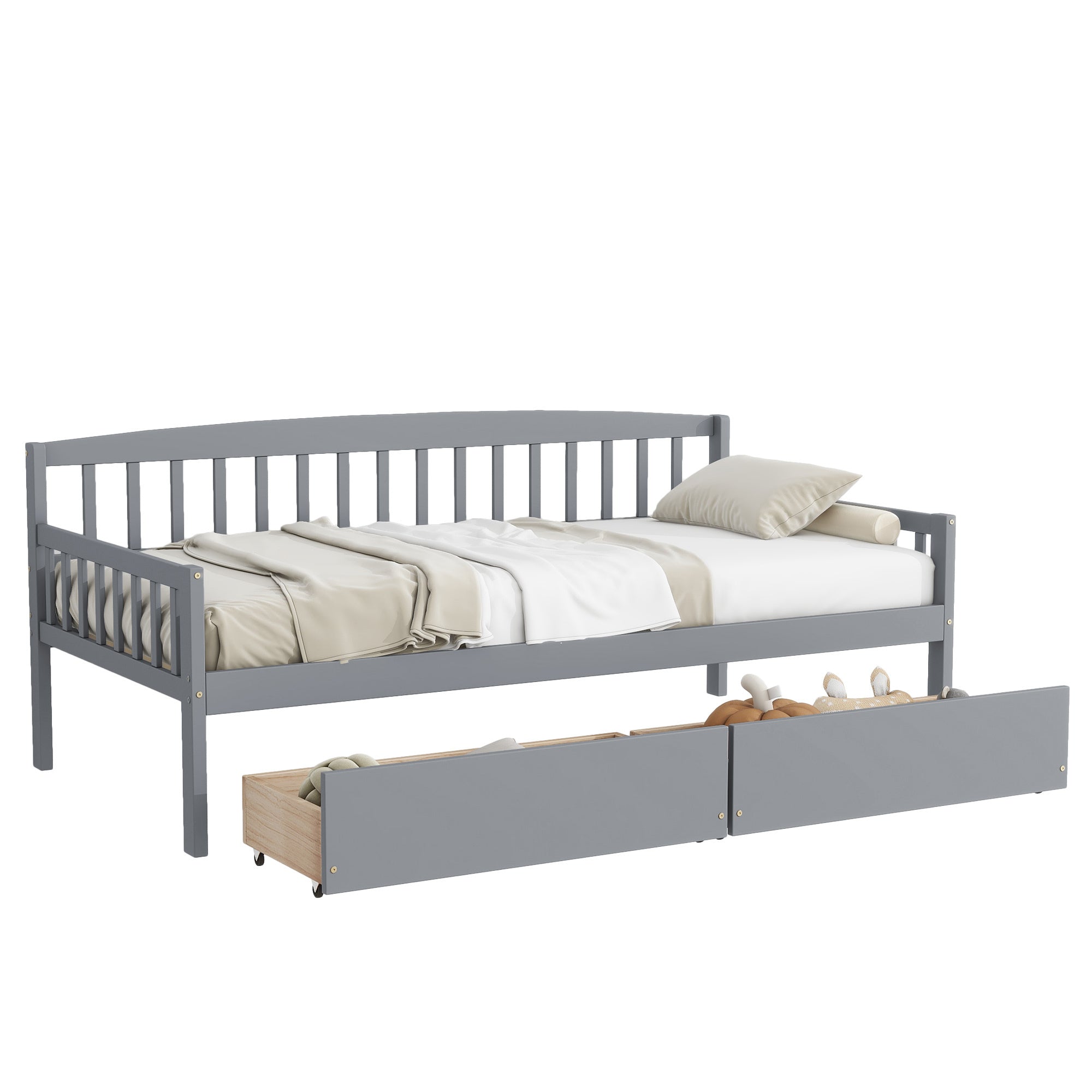 Gray Twin-Size Pine Wood Daybed with Storage Drawers, Sofa Bed Design